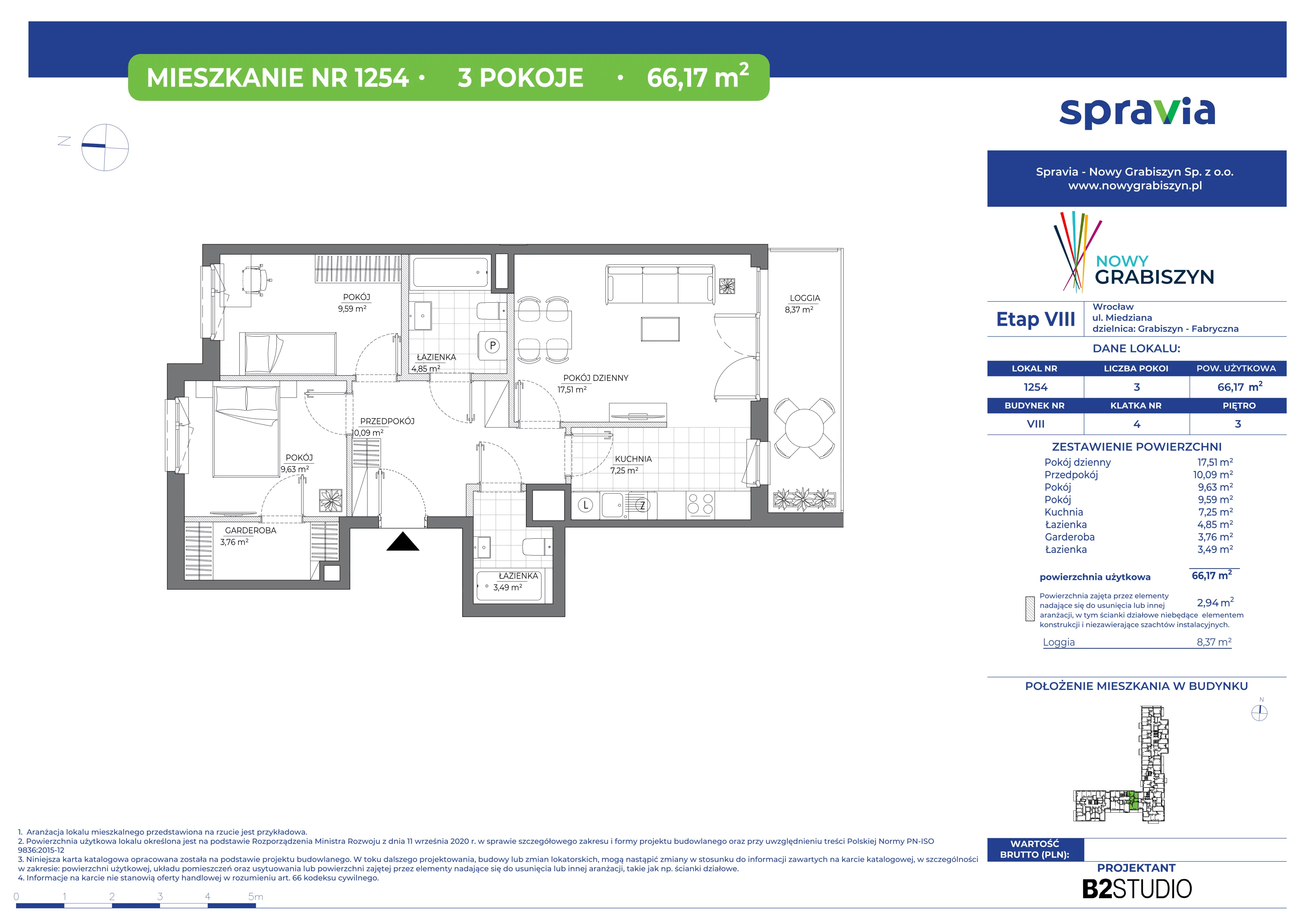 3 pokoje, mieszkanie 66,17 m², piętro 3, oferta nr 8/1254, Nowy Grabiszyn 8, Wrocław, Grabiszyn-Grabiszynek, Fabryczna, ul. Miedziana