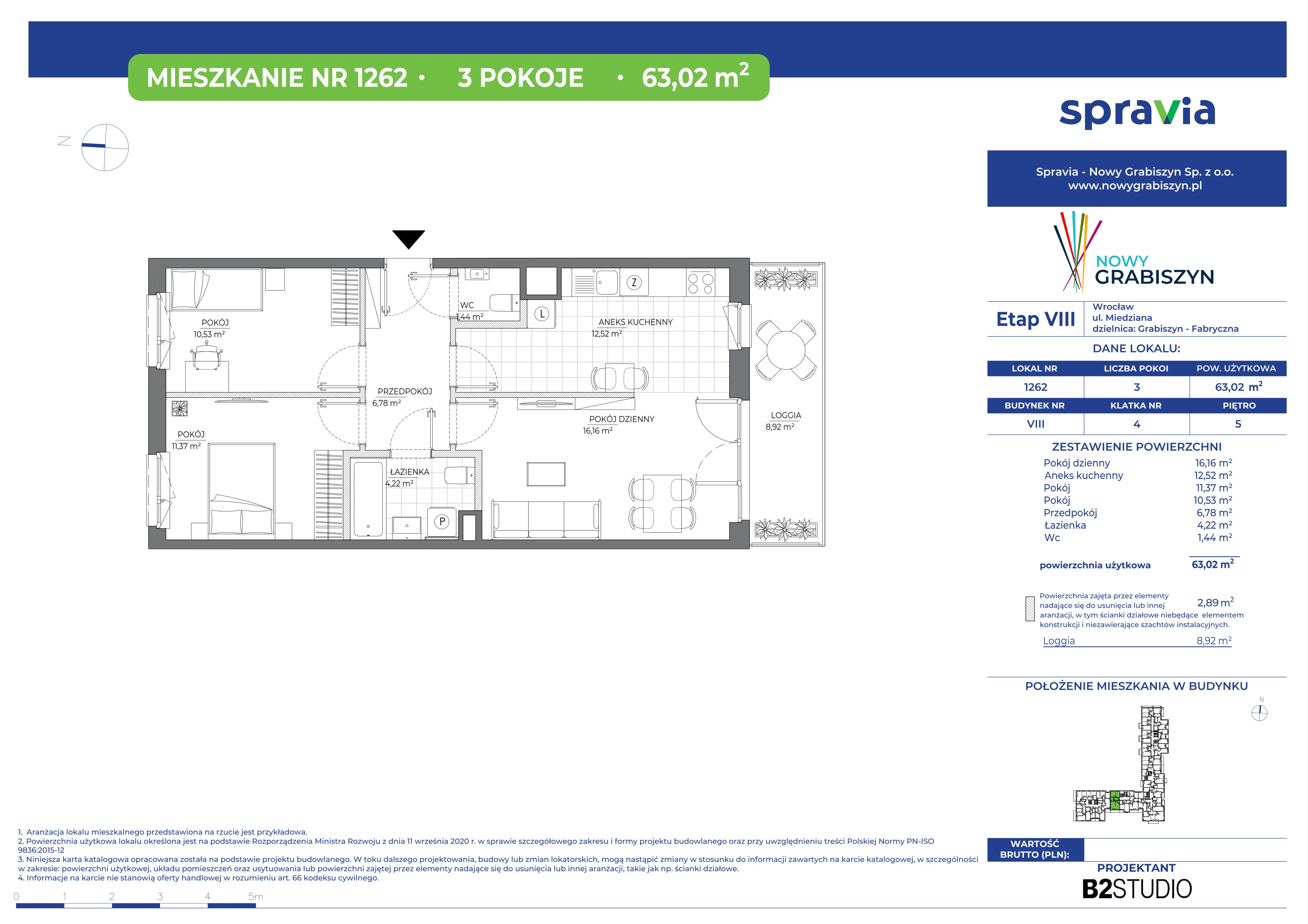 3 pokoje, mieszkanie 63,02 m², piętro 5, oferta nr 8/1262, Nowy Grabiszyn 8, Wrocław, Grabiszyn-Grabiszynek, Fabryczna, ul. Miedziana