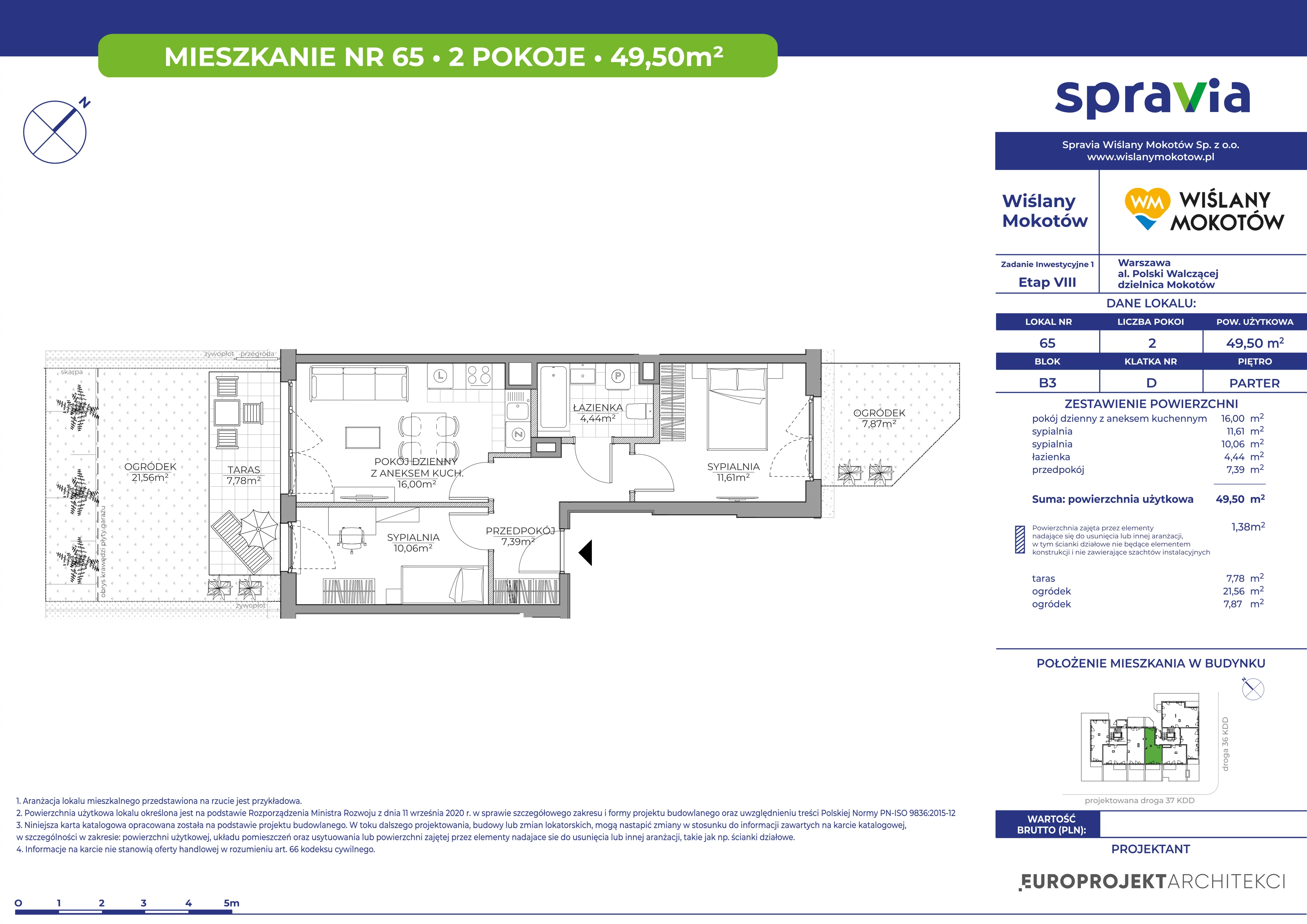 3 pokoje, mieszkanie 49,50 m², parter, oferta nr B3/65, Wiślany Mokotów VIII, Warszawa, Mokotów, Czerniaków, al. Polski Walczącej