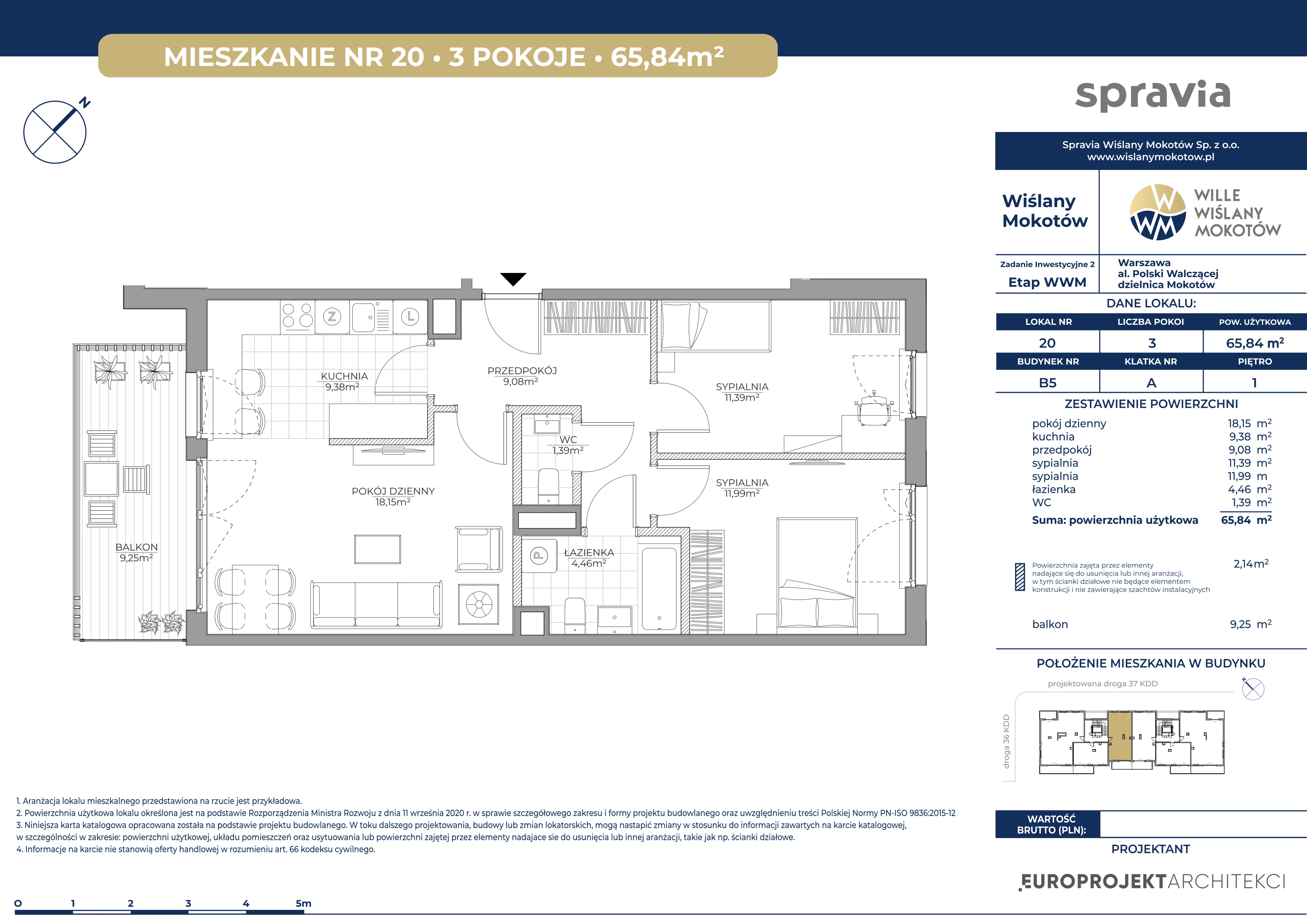 3 pokoje, mieszkanie 65,84 m², piętro 1, oferta nr B5/20, Wiślany Mokotów VIII, Warszawa, Mokotów, Czerniaków, al. Polski Walczącej