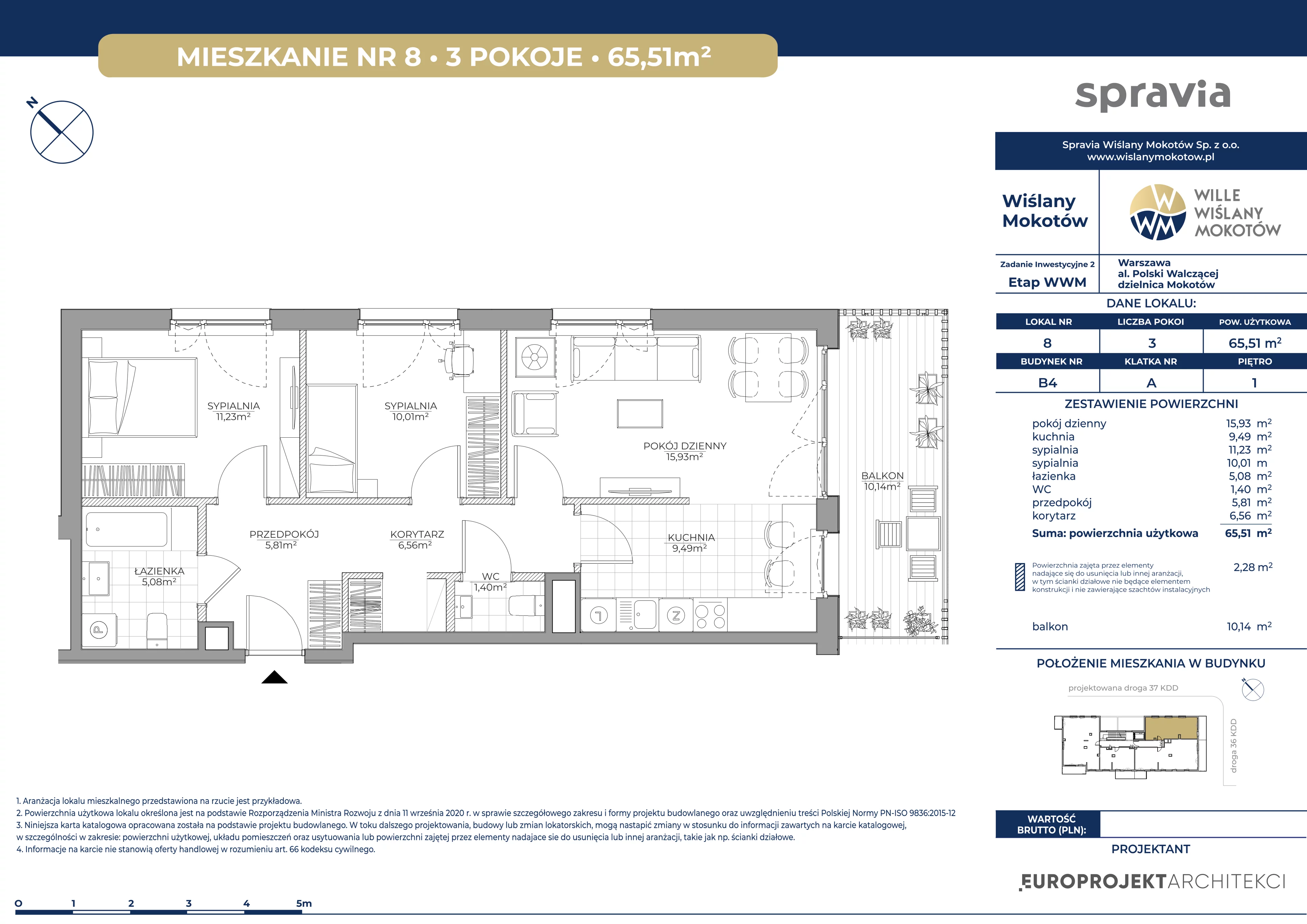 3 pokoje, mieszkanie 65,51 m², piętro 1, oferta nr B4/8, Wiślany Mokotów VIII, Warszawa, Mokotów, Czerniaków, al. Polski Walczącej