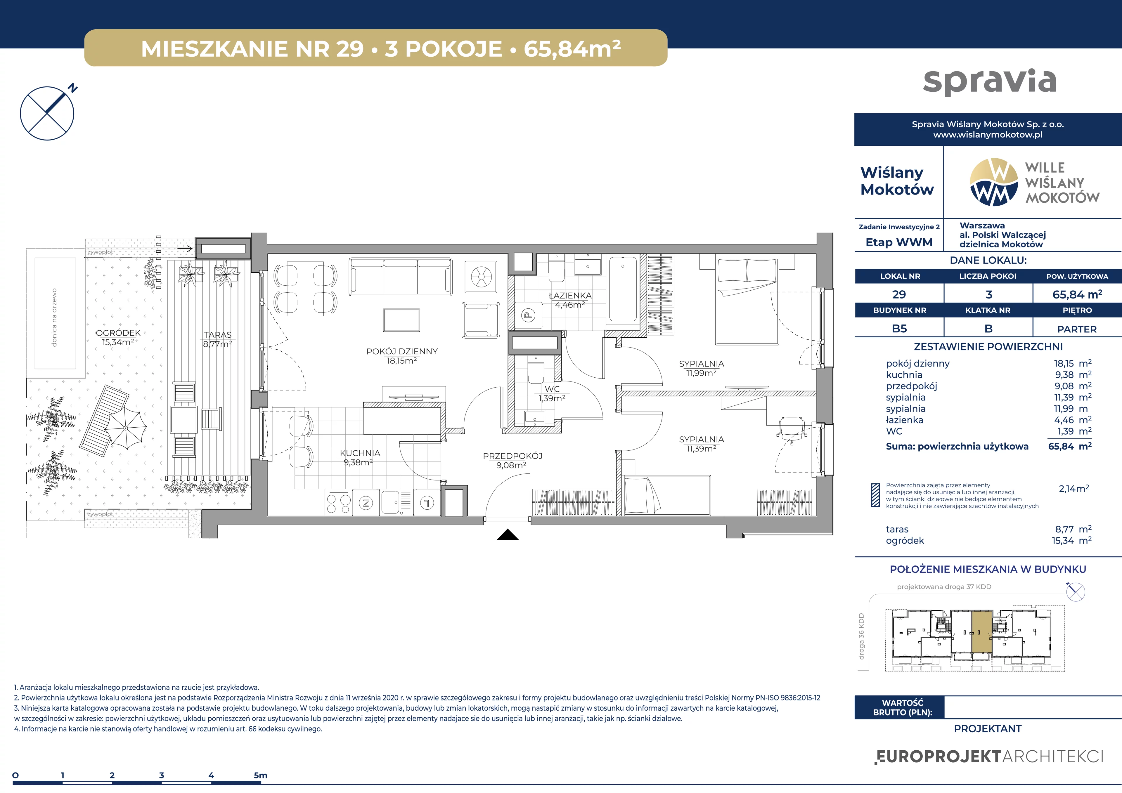 3 pokoje, mieszkanie 65,84 m², parter, oferta nr B5/29, Wiślany Mokotów VIII, Warszawa, Mokotów, Czerniaków, al. Polski Walczącej