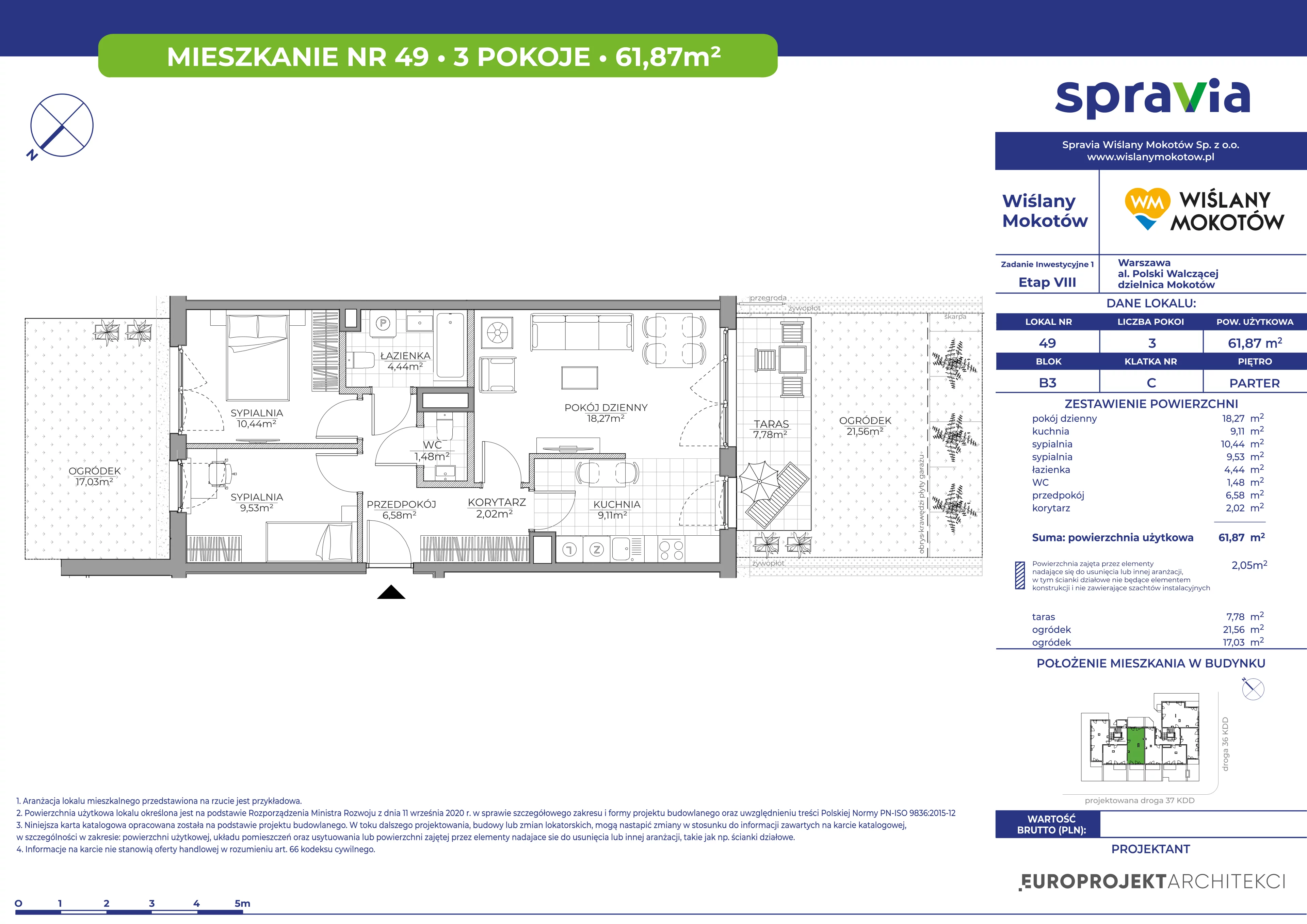 3 pokoje, mieszkanie 61,87 m², parter, oferta nr B3/49, Wiślany Mokotów VIII, Warszawa, Mokotów, Czerniaków, al. Polski Walczącej