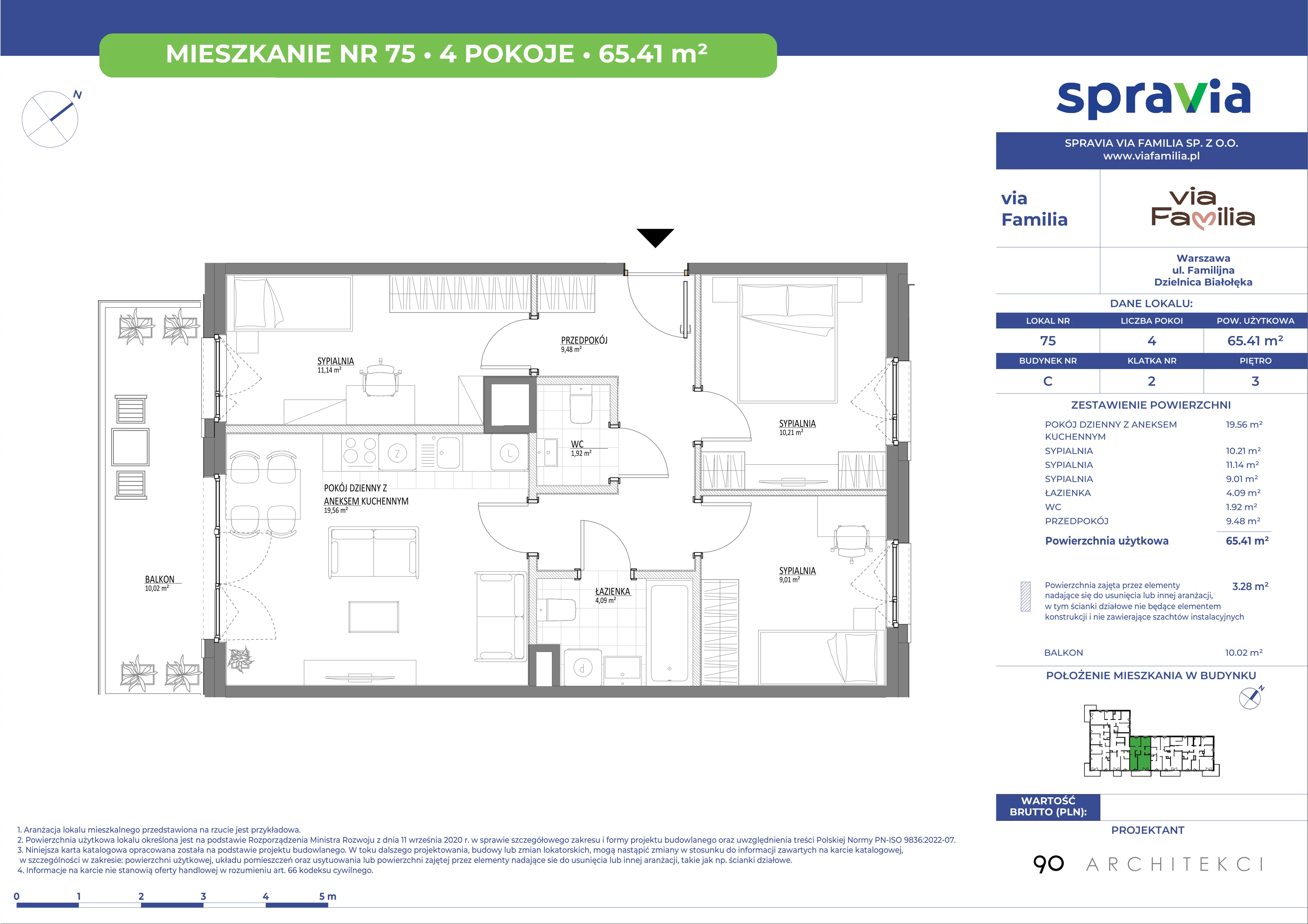 4 pokoje, mieszkanie 65,41 m², piętro 3, oferta nr C/75, Via Familia, Warszawa, Białołęka, Żerań, ul. Familijna 9