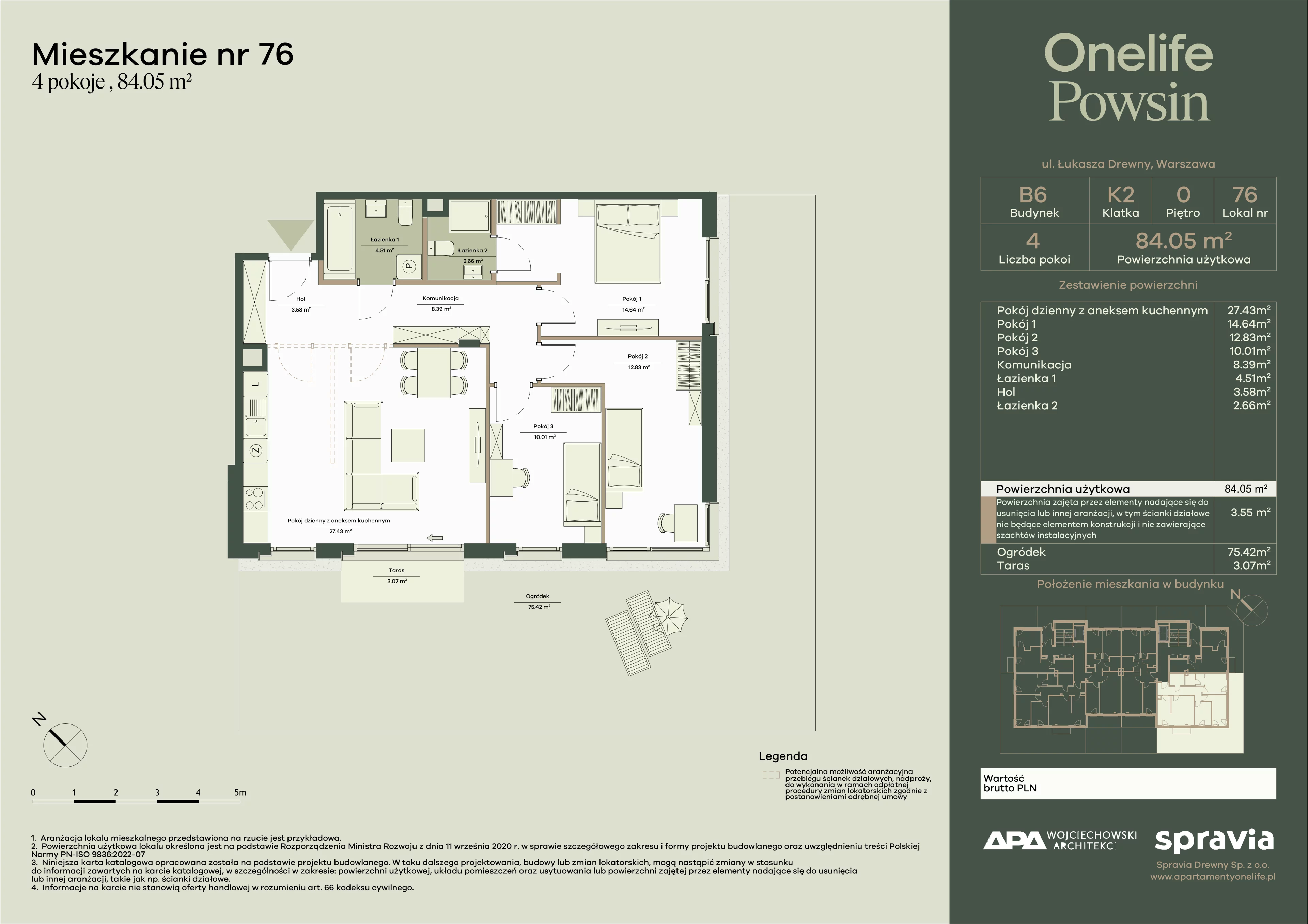 4 pokoje, mieszkanie 84,05 m², parter, oferta nr B6/76, Onelife Powsin, Warszawa, Wilanów, Powsin, ul. Łukasza Drewny