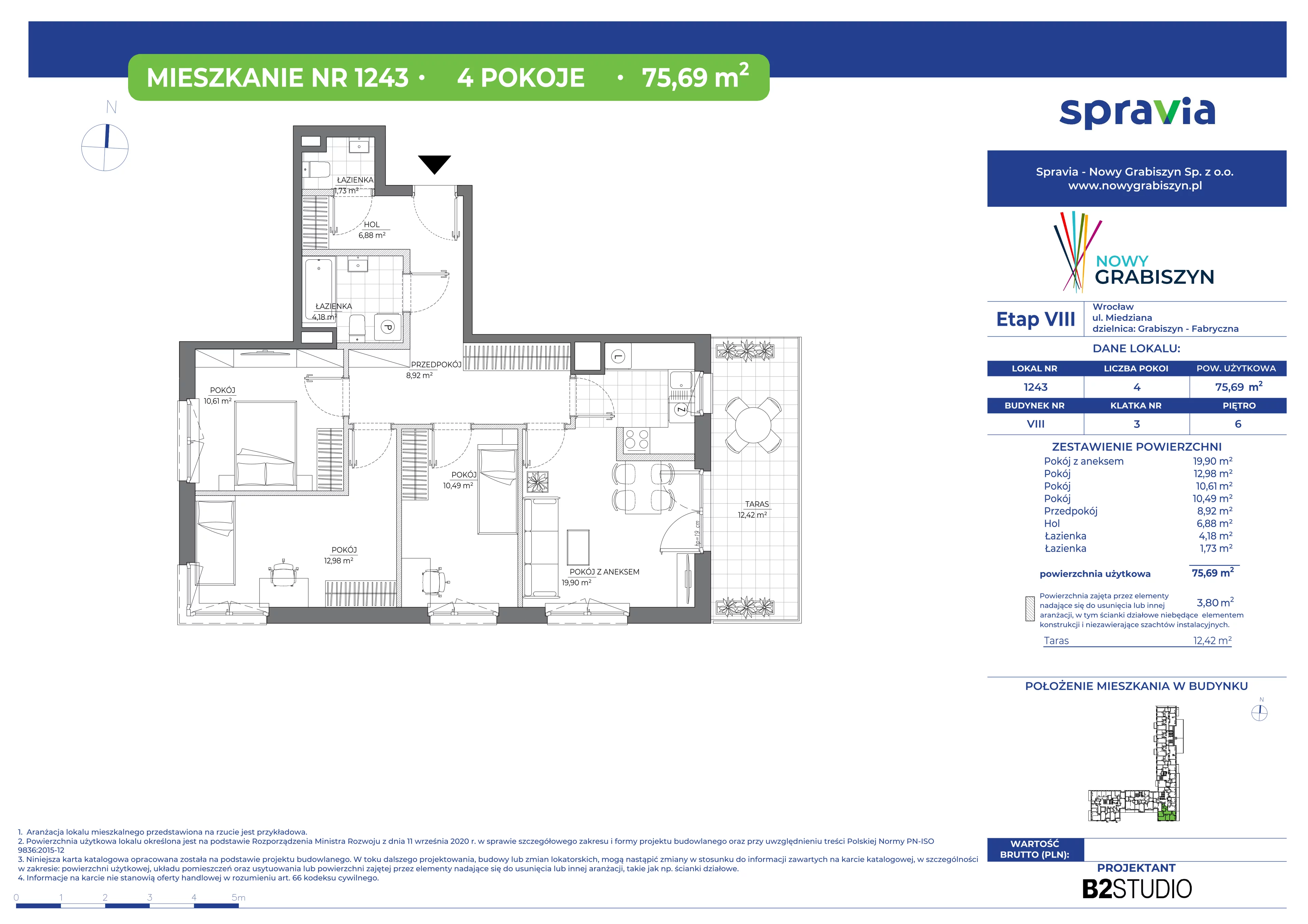 4 pokoje, mieszkanie 75,69 m², piętro 6, oferta nr 8/1243, Nowy Grabiszyn 8, Wrocław, Grabiszyn-Grabiszynek, Fabryczna, ul. Miedziana