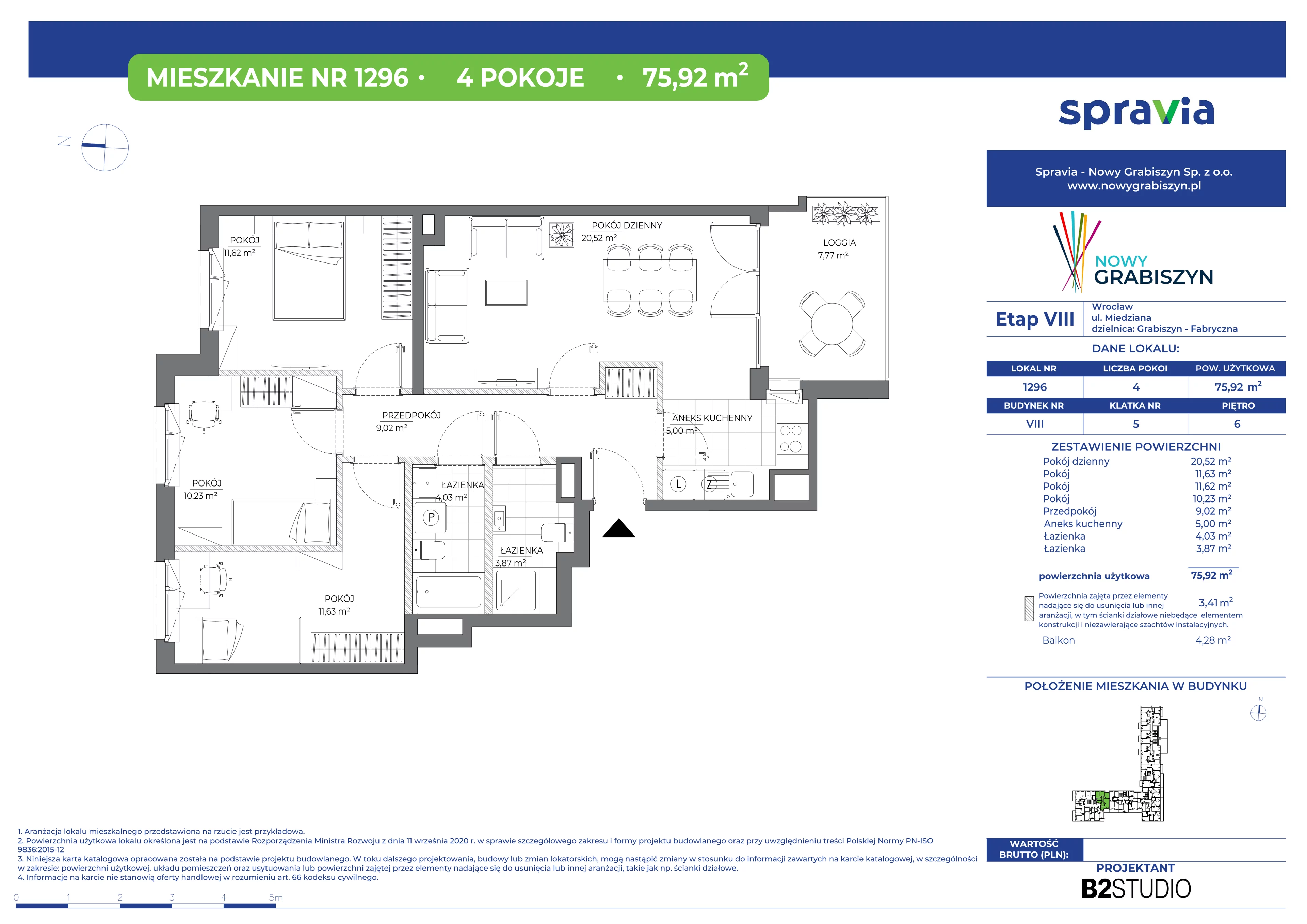 4 pokoje, mieszkanie 75,92 m², piętro 6, oferta nr 8/1296, Nowy Grabiszyn 8, Wrocław, Grabiszyn-Grabiszynek, Fabryczna, ul. Miedziana