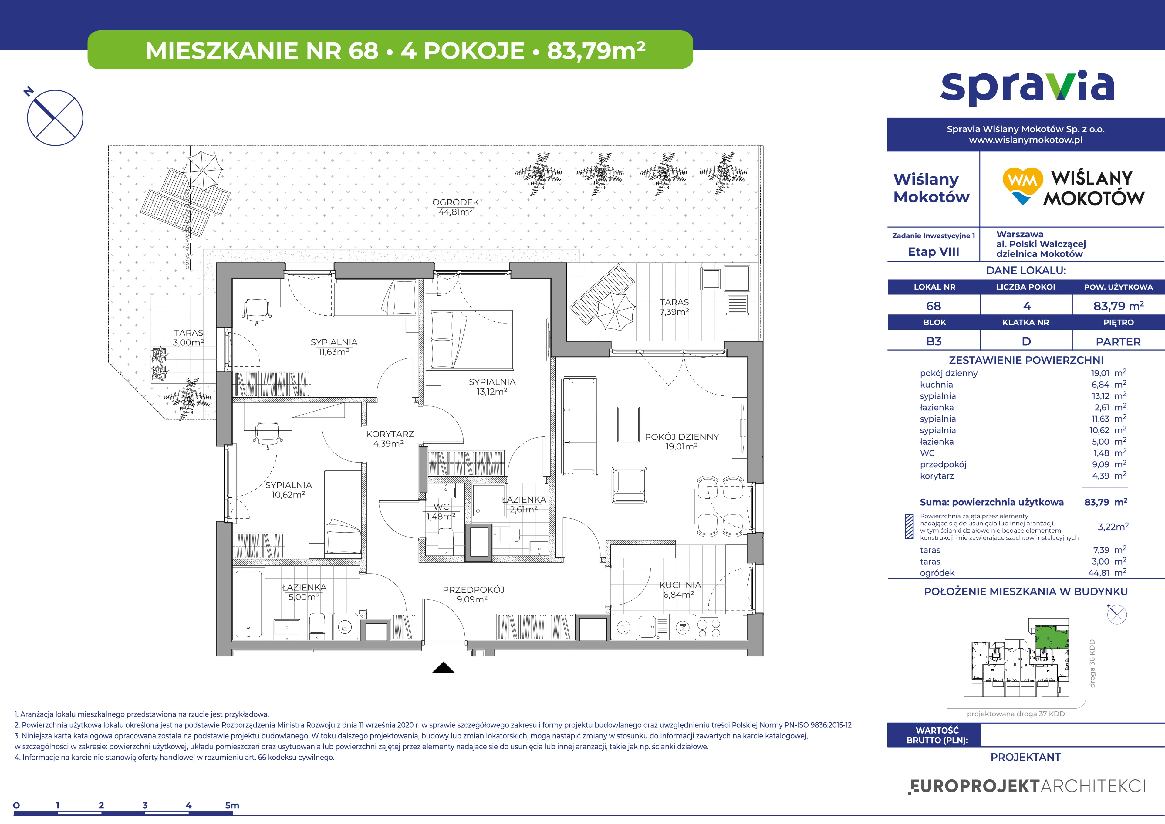 4 pokoje, mieszkanie 83,79 m², parter, oferta nr B3/68, Wiślany Mokotów VIII, Warszawa, Mokotów, Czerniaków, al. Polski Walczącej
