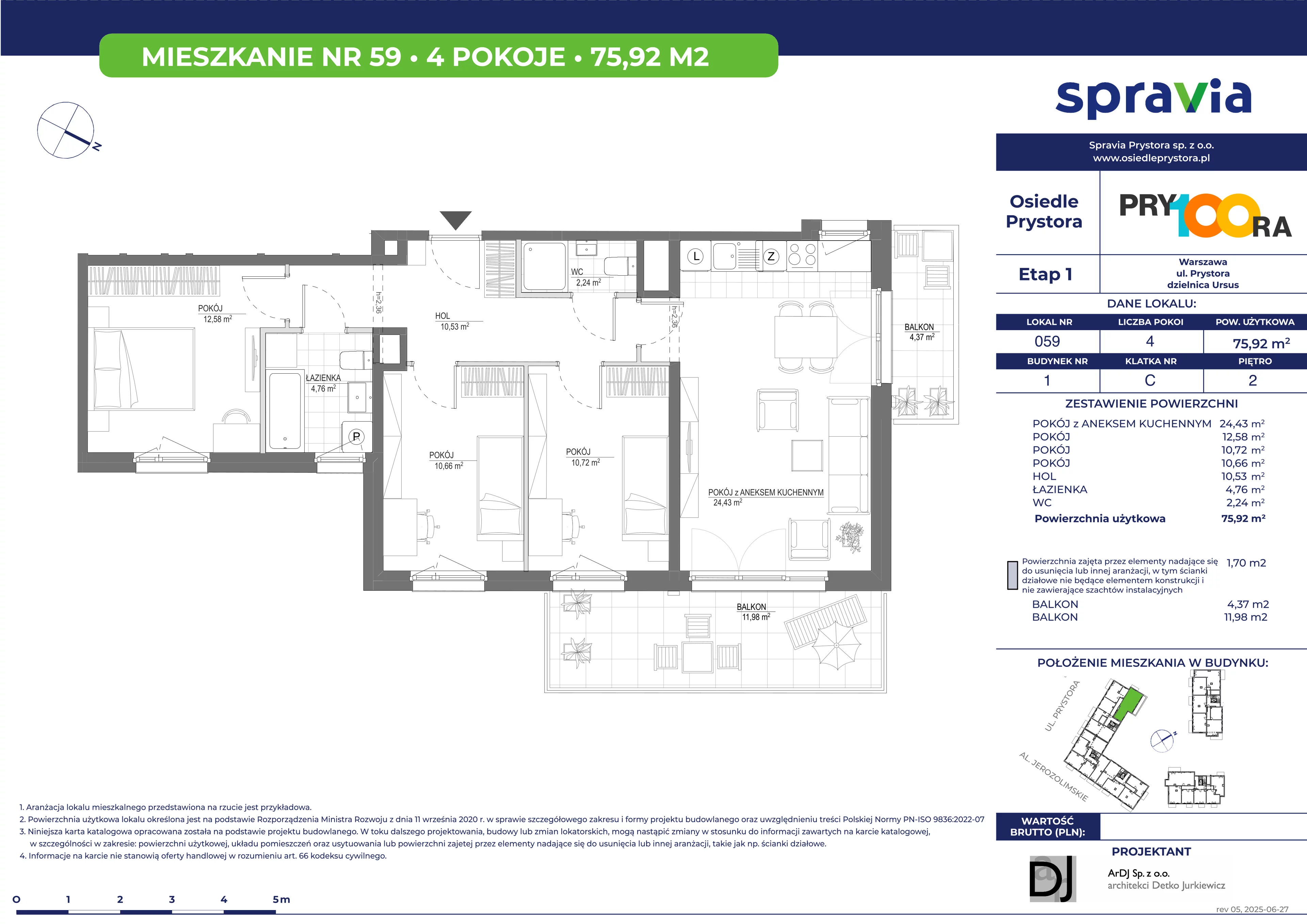 4 pokoje, mieszkanie 75,92 m², piętro 2, oferta nr 1/59, Osiedle Prystora, Warszawa, Ursus, Skorosze, ul. Prystora