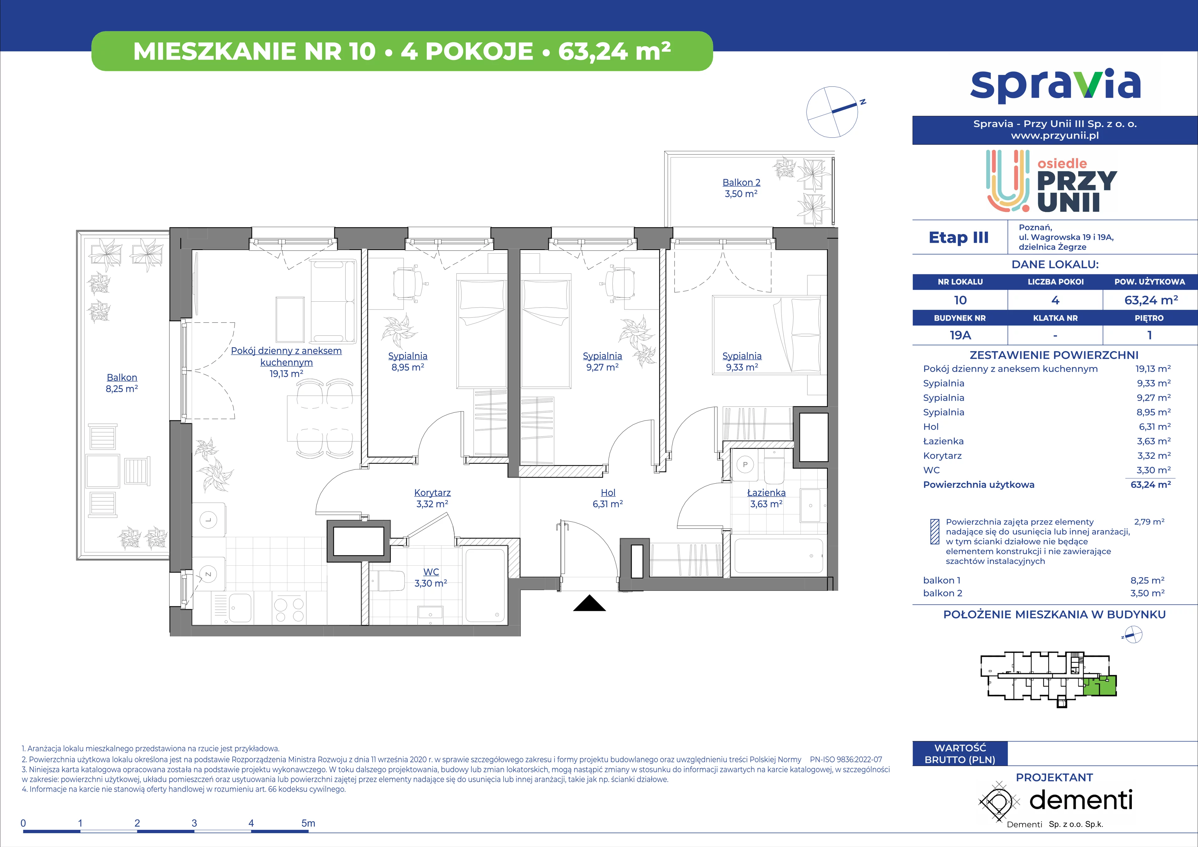 4 pokoje, mieszkanie 63,24 m², piętro 1, oferta nr 19A/10, Przy Unii, Poznań, Żegrze, ul. Wagrowska 19 i 19A