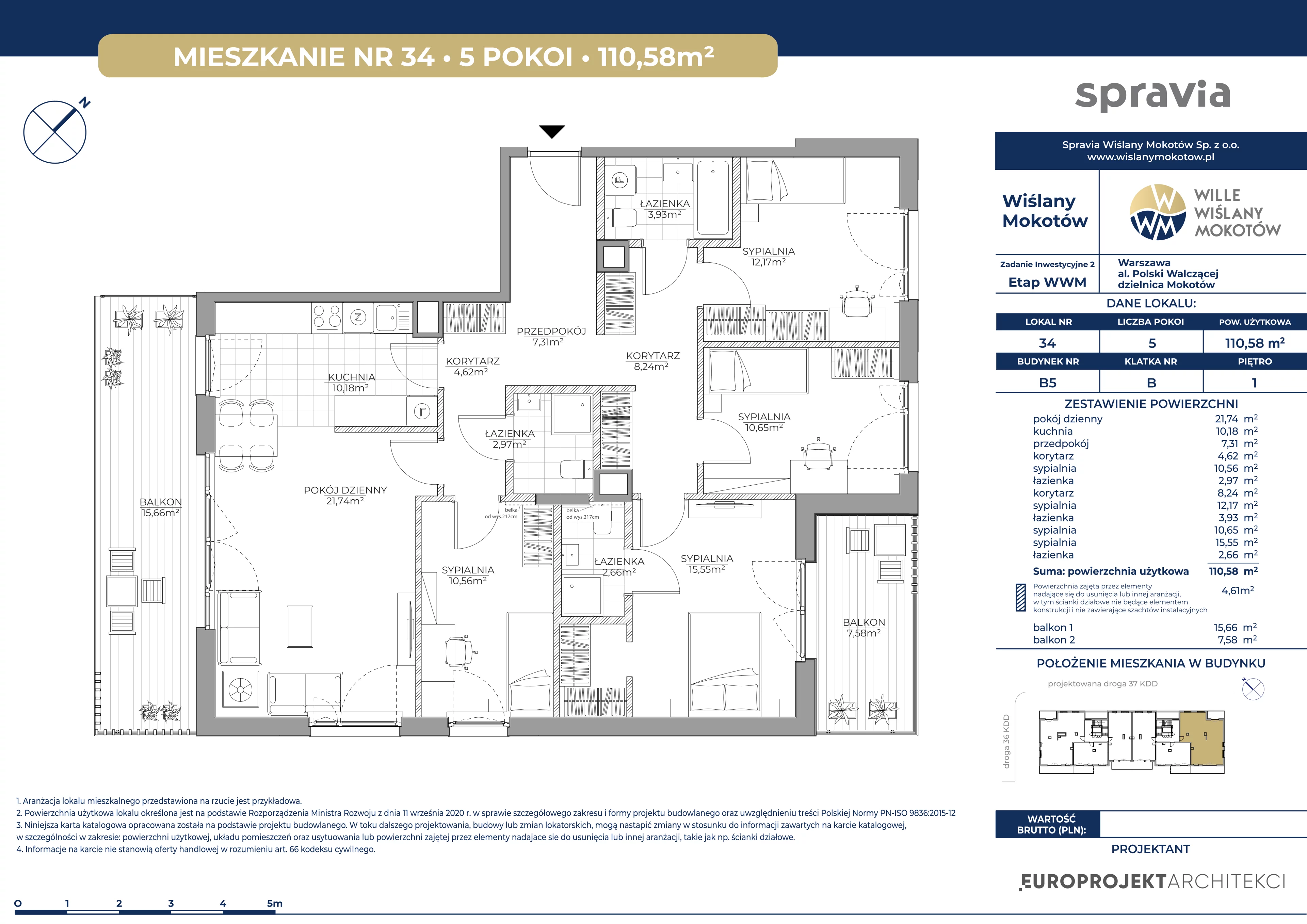 5 pokoi, mieszkanie 110,58 m², piętro 1, oferta nr B5/34, Wiślany Mokotów VIII, Warszawa, Mokotów, Czerniaków, al. Polski Walczącej