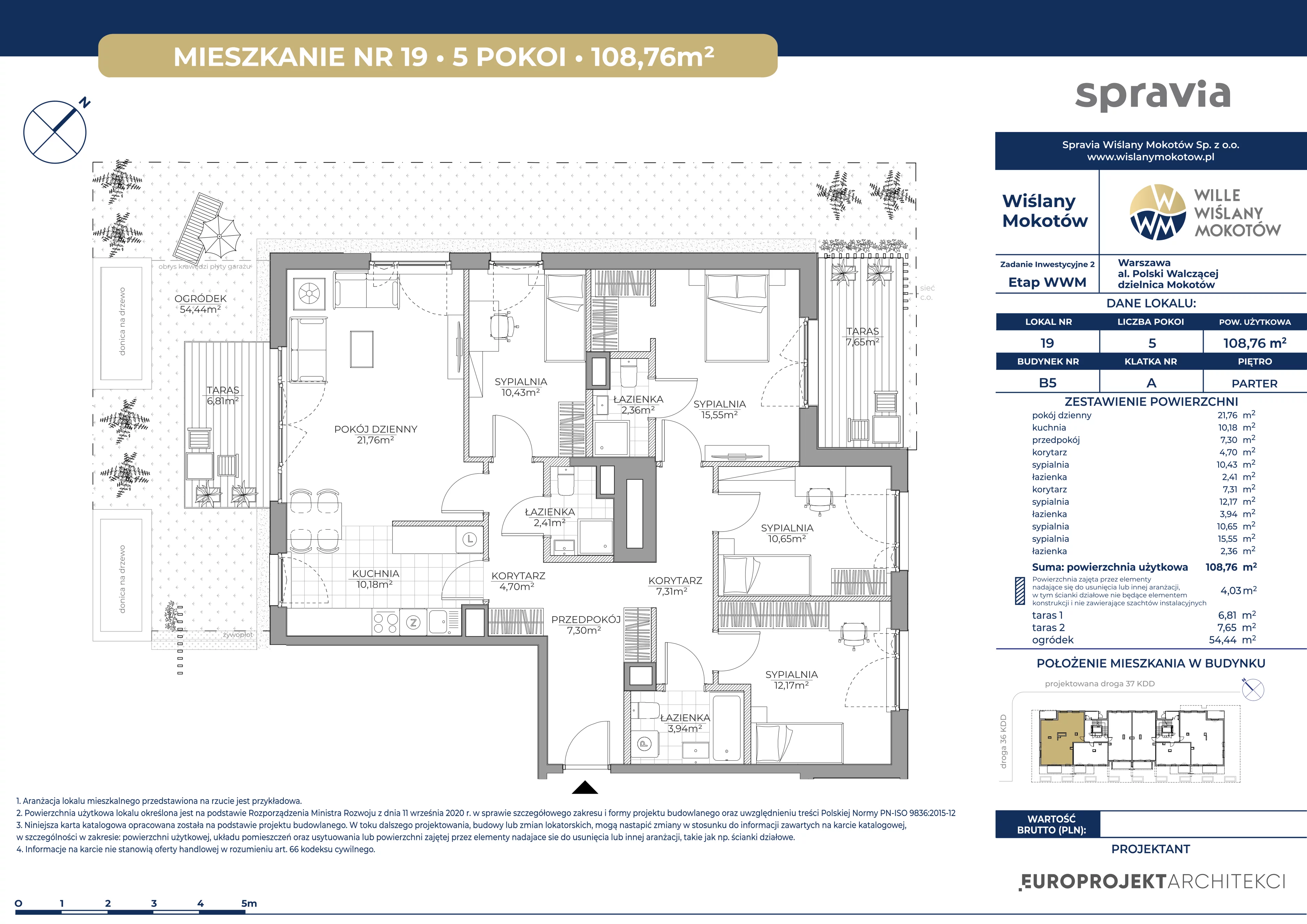 5 pokoi, mieszkanie 108,76 m², parter, oferta nr B5/19, Wiślany Mokotów VIII, Warszawa, Mokotów, Czerniaków, al. Polski Walczącej
