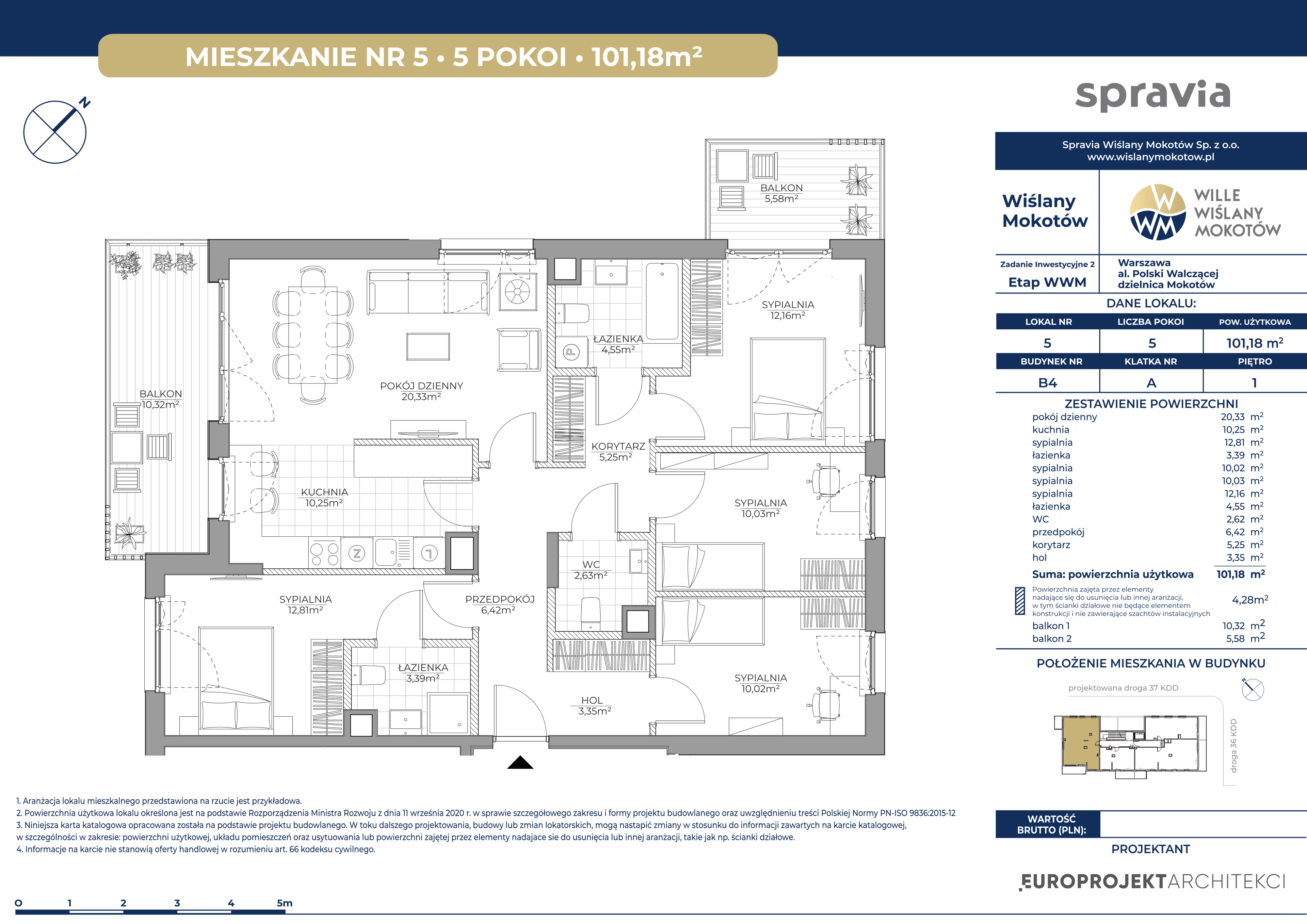 5 pokoi, mieszkanie 101,18 m², piętro 1, oferta nr B4/5, Wiślany Mokotów VIII, Warszawa, Mokotów, Czerniaków, al. Polski Walczącej