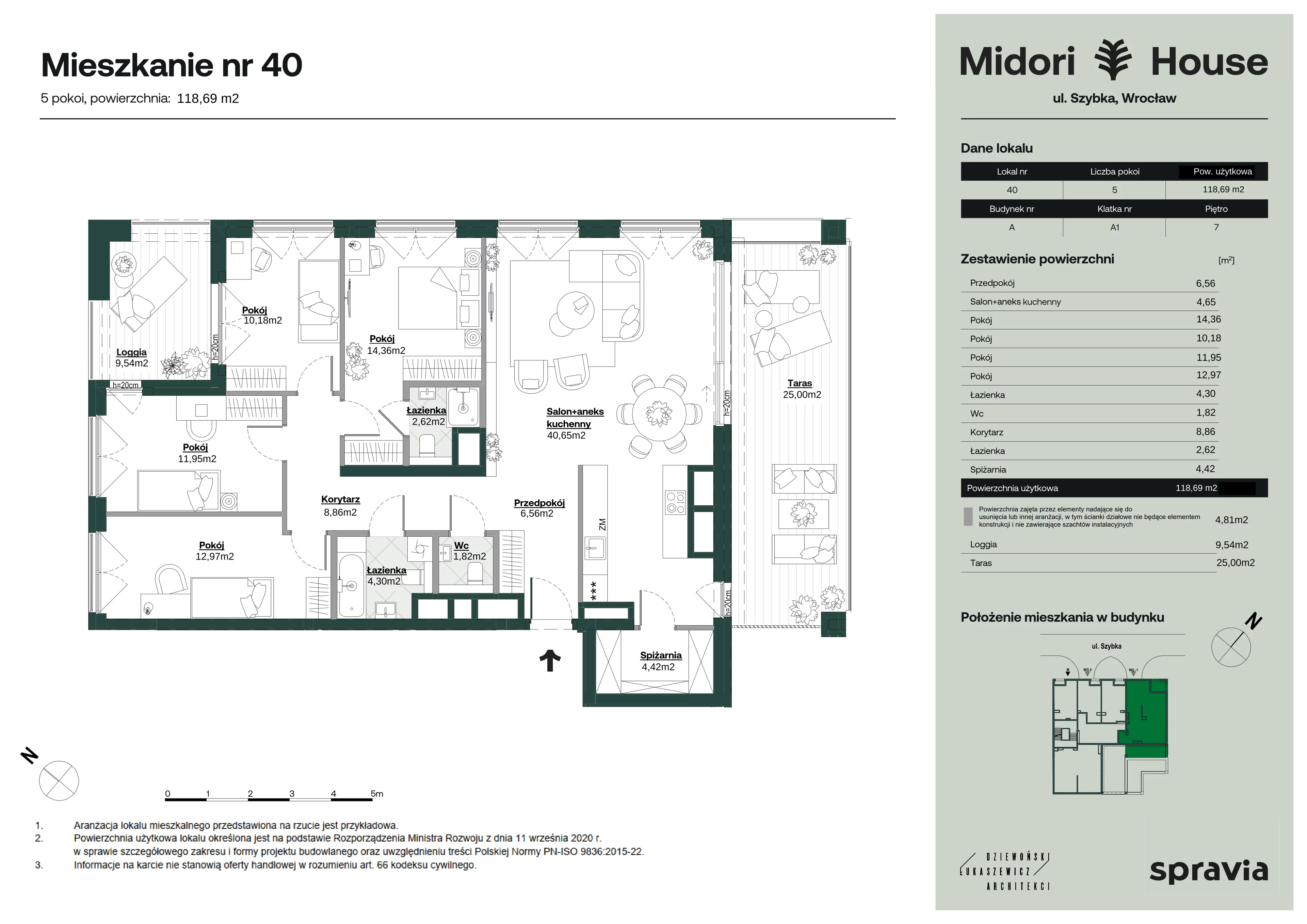 5 pokoi, mieszkanie 118,69 m², piętro 7, oferta nr A/40, Midori House, Wrocław, Przedmieście Oławskie, ul. Szybka 9