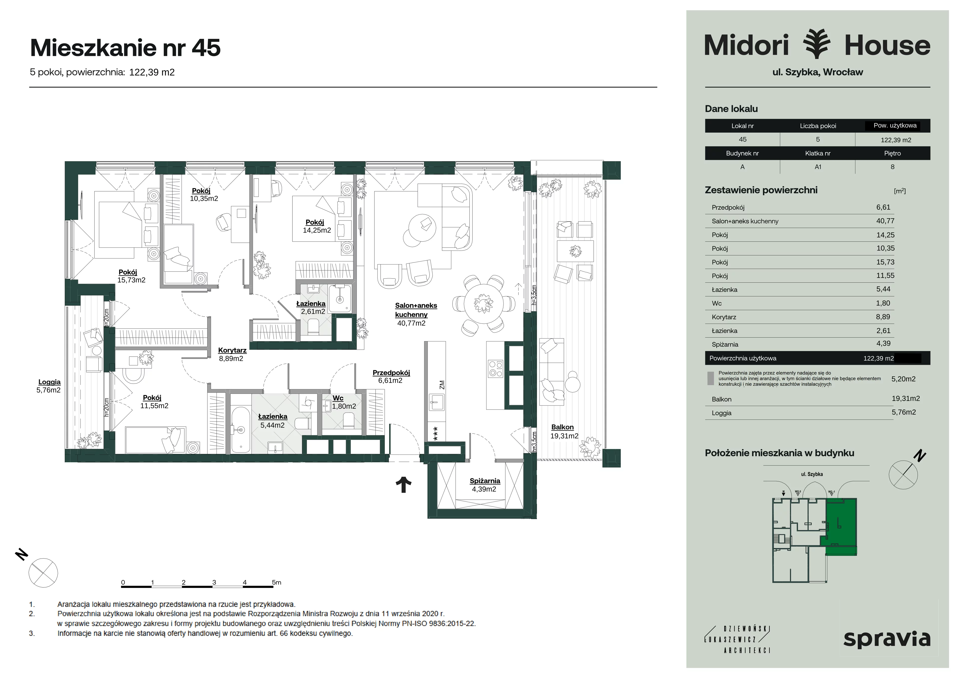 5 pokoi, mieszkanie 122,39 m², piętro 8, oferta nr A/45, Midori House, Wrocław, Przedmieście Oławskie, ul. Szybka 9