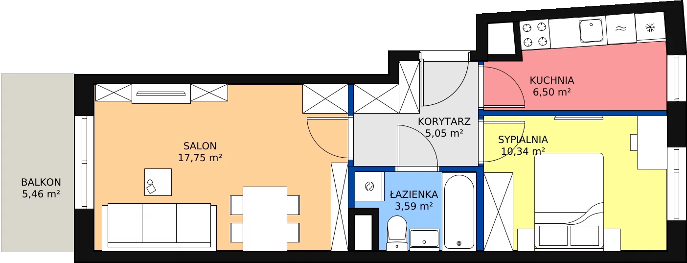 Nowe mieszkanie, 44,78 m², 2 pokoje, 7 piętro, oferta nr 47