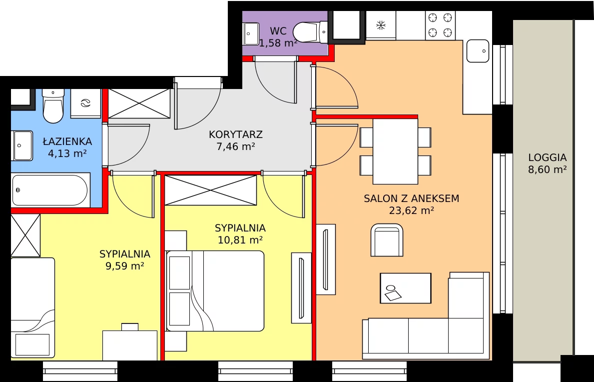 Zalety mieszkania 59.36 m², 136