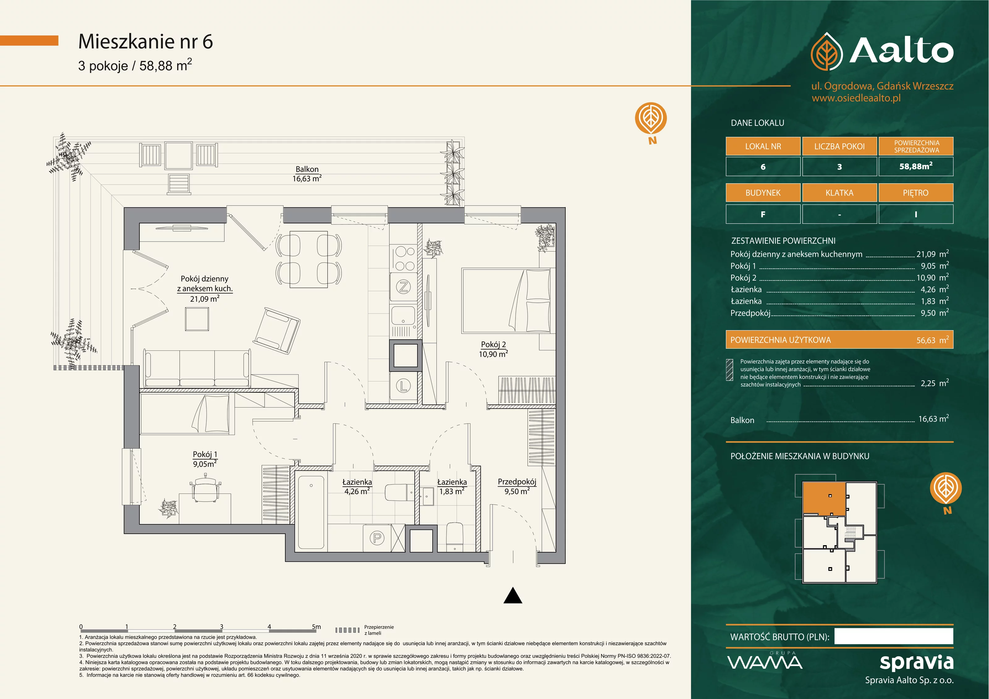 Mieszkanie 58,88 m², piętro 1, oferta nr F-6, Aalto, Gdańsk, Wrzeszcz, ul. Ogrodowa