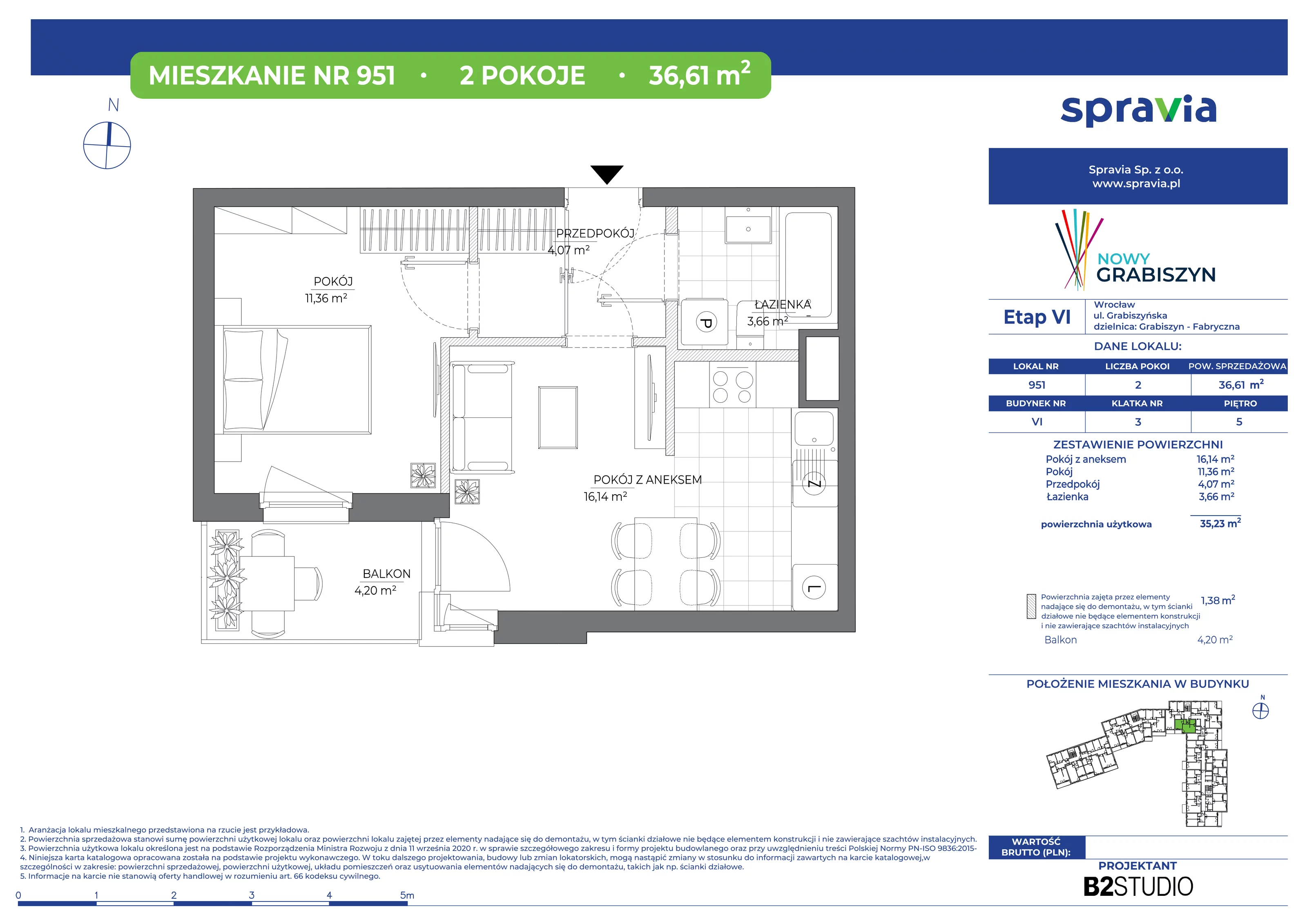 Mieszkanie 37,88 m², piętro 5, oferta nr 951, Nowy Grabiszyn 6, Wrocław, Grabiszyn-Grabiszynek, Fabryczna, ul. Miedziana