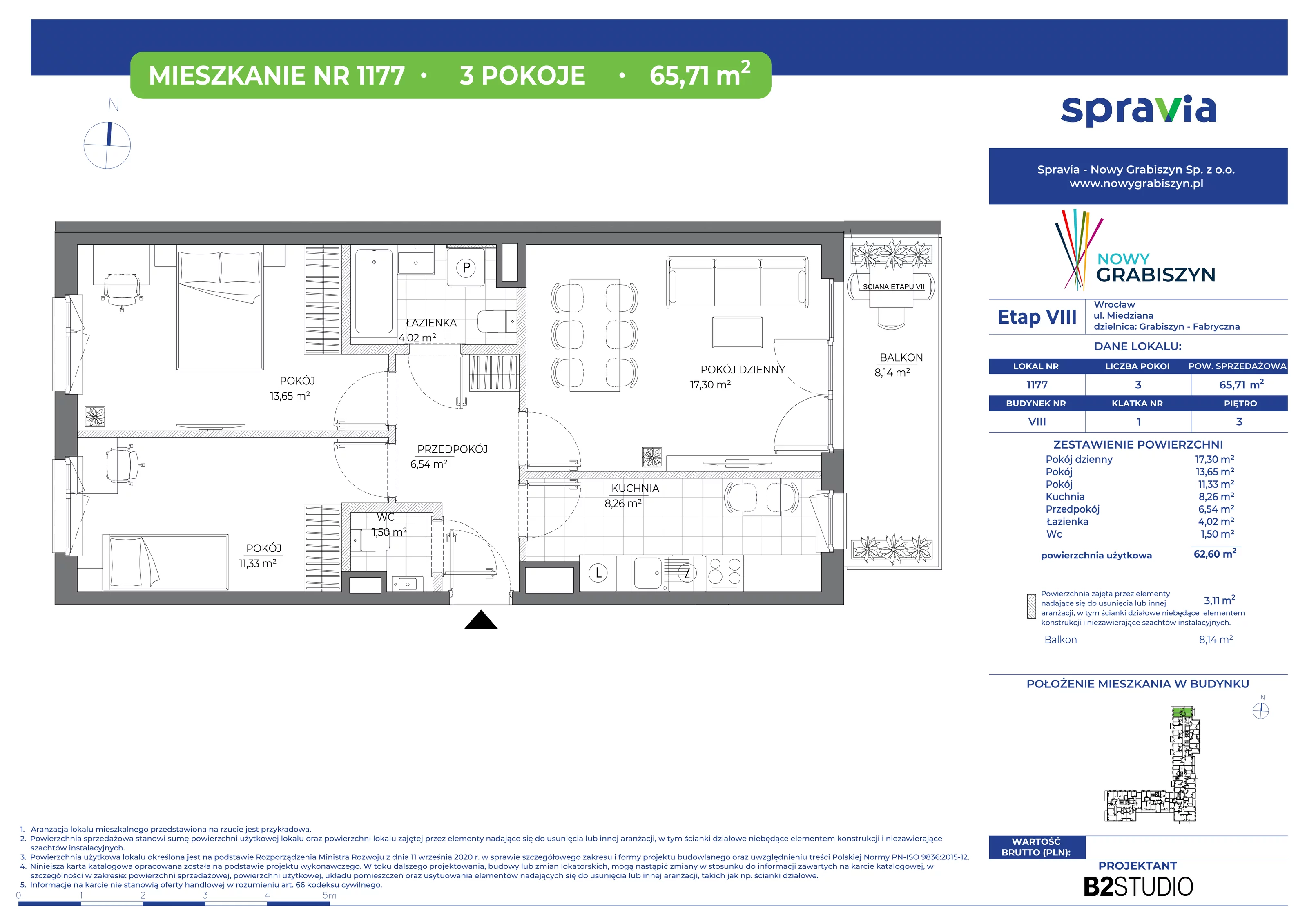 3 pokoje, mieszkanie 65,71 m², piętro 3, oferta nr 1177, Nowy Grabiszyn 8, Wrocław, Grabiszyn-Grabiszynek, Fabryczna, ul. Miedziana