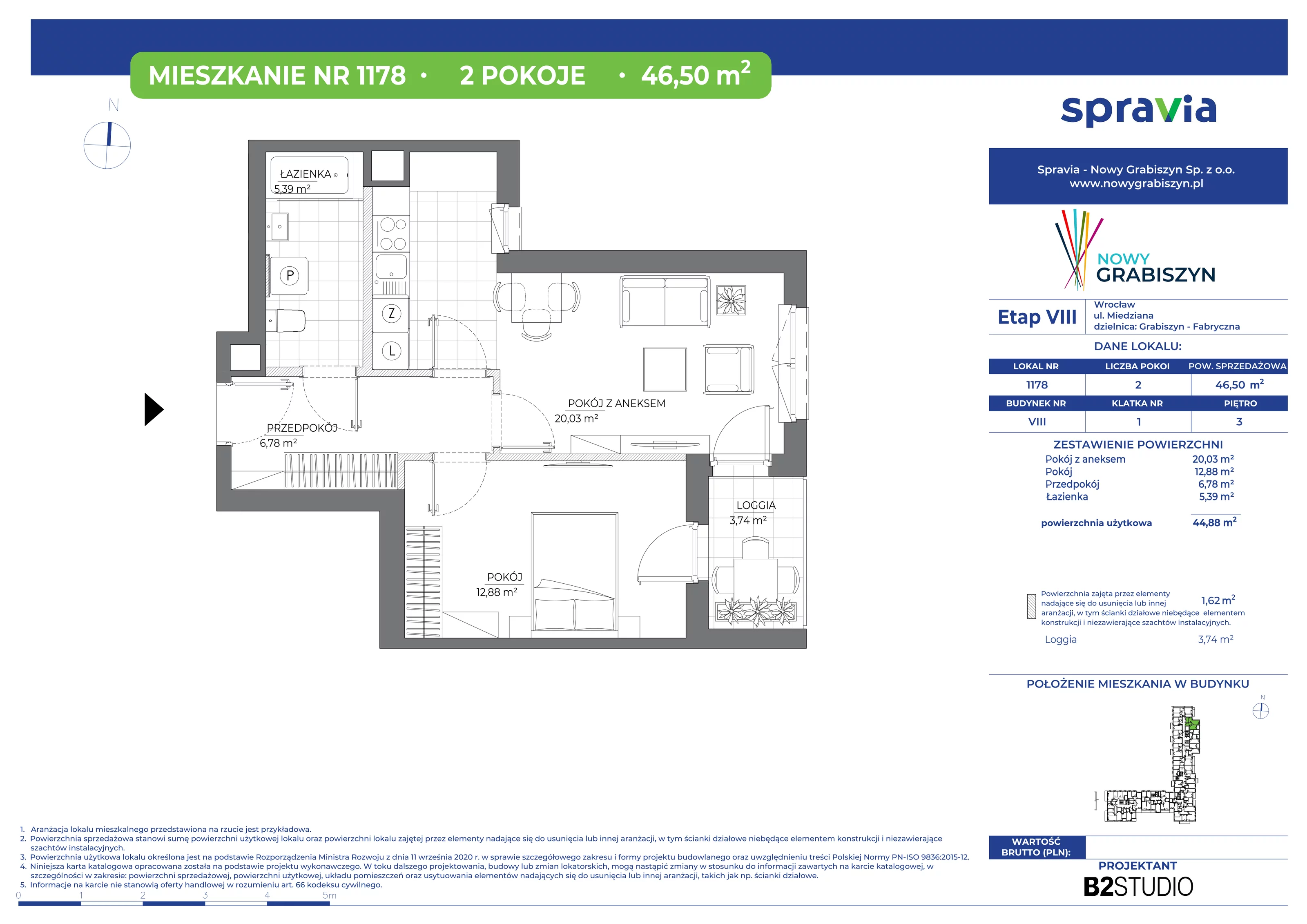 2 pokoje, mieszkanie 46,50 m², piętro 3, oferta nr 1178, Nowy Grabiszyn 8, Wrocław, Grabiszyn-Grabiszynek, Fabryczna, ul. Miedziana