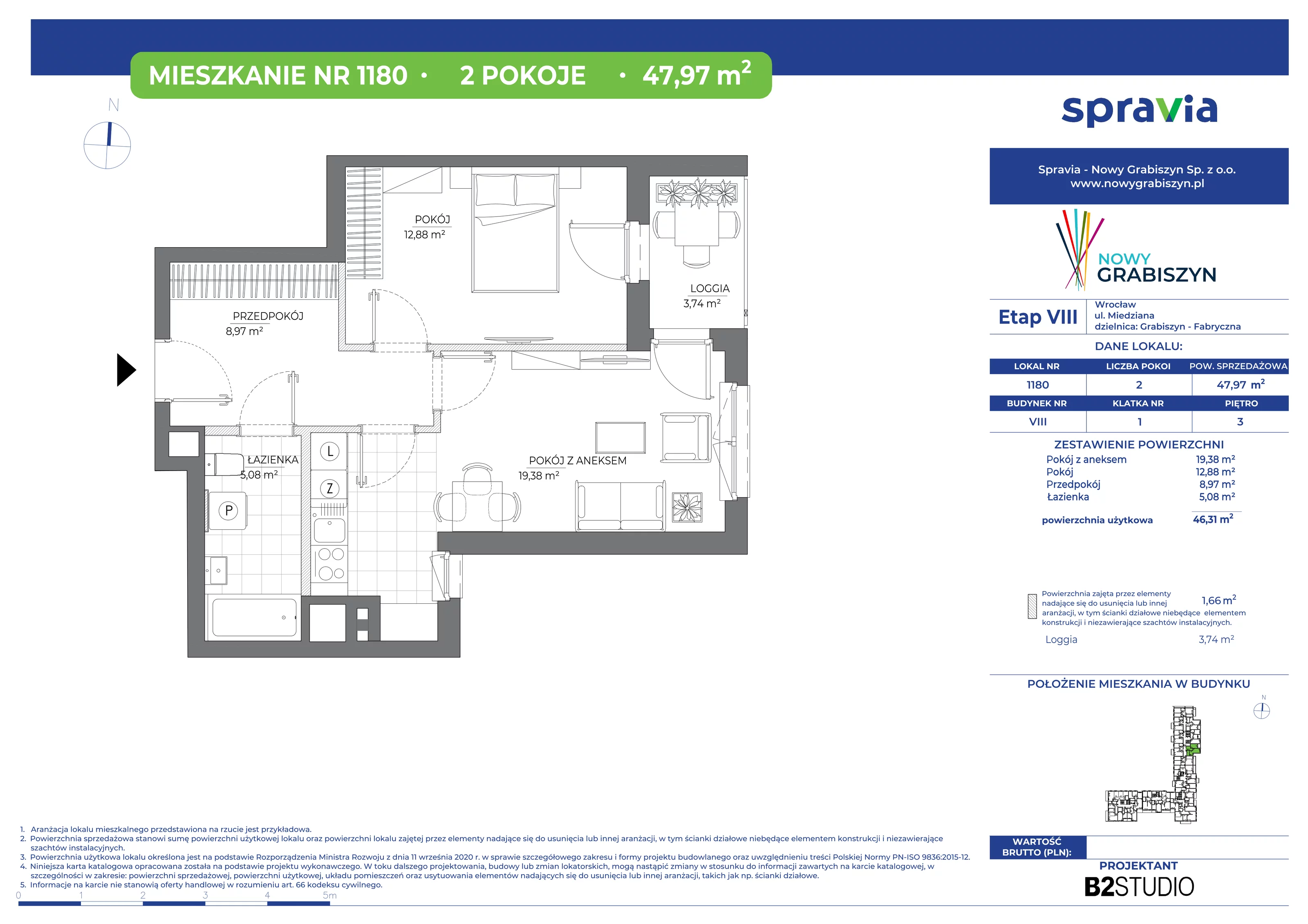 2 pokoje, mieszkanie 47,97 m², piętro 3, oferta nr 1180, Nowy Grabiszyn 8, Wrocław, Grabiszyn-Grabiszynek, Fabryczna, ul. Miedziana
