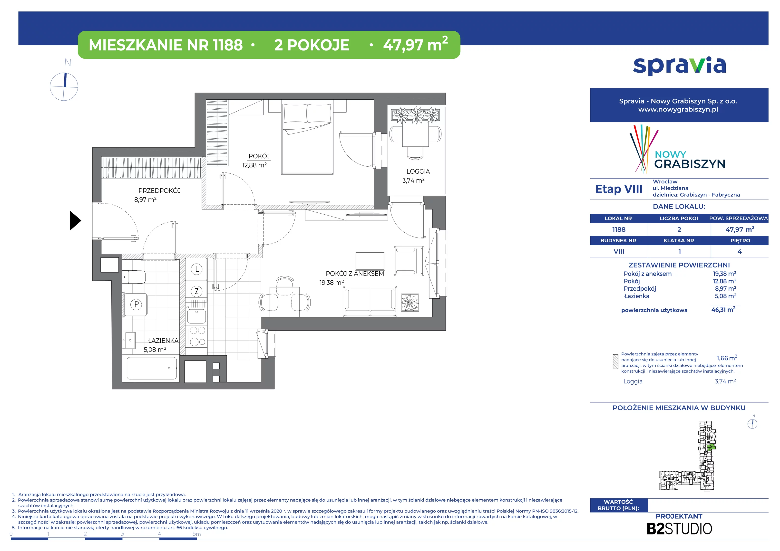 Mieszkanie 47,97 m², piętro 4, oferta nr 1188, Nowy Grabiszyn 8, Wrocław, Grabiszyn-Grabiszynek, Fabryczna, ul. Miedziana