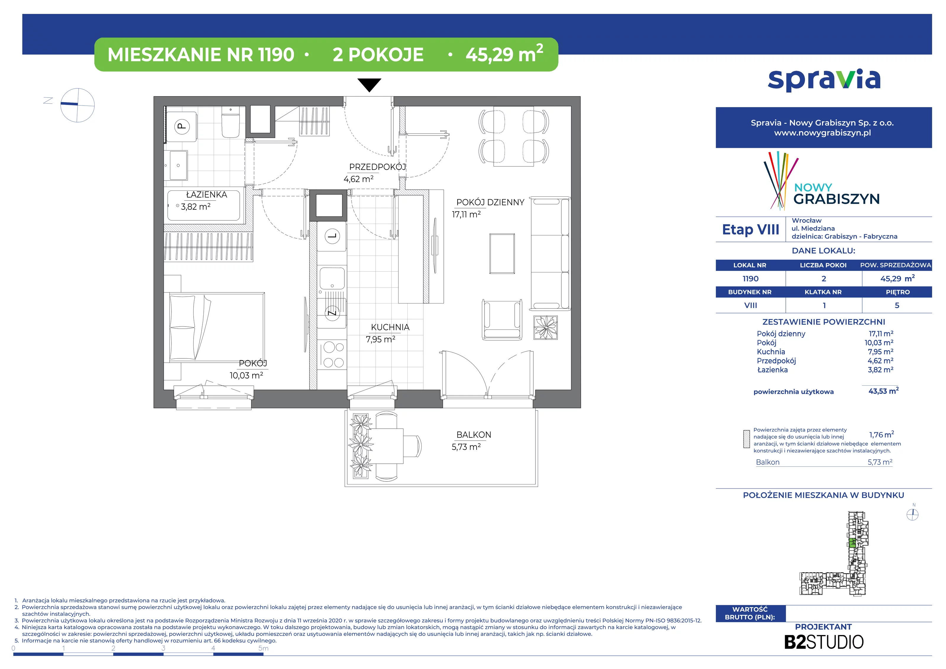 2 pokoje, mieszkanie 45,29 m², piętro 5, oferta nr 1190, Nowy Grabiszyn 8, Wrocław, Grabiszyn-Grabiszynek, Fabryczna, ul. Miedziana
