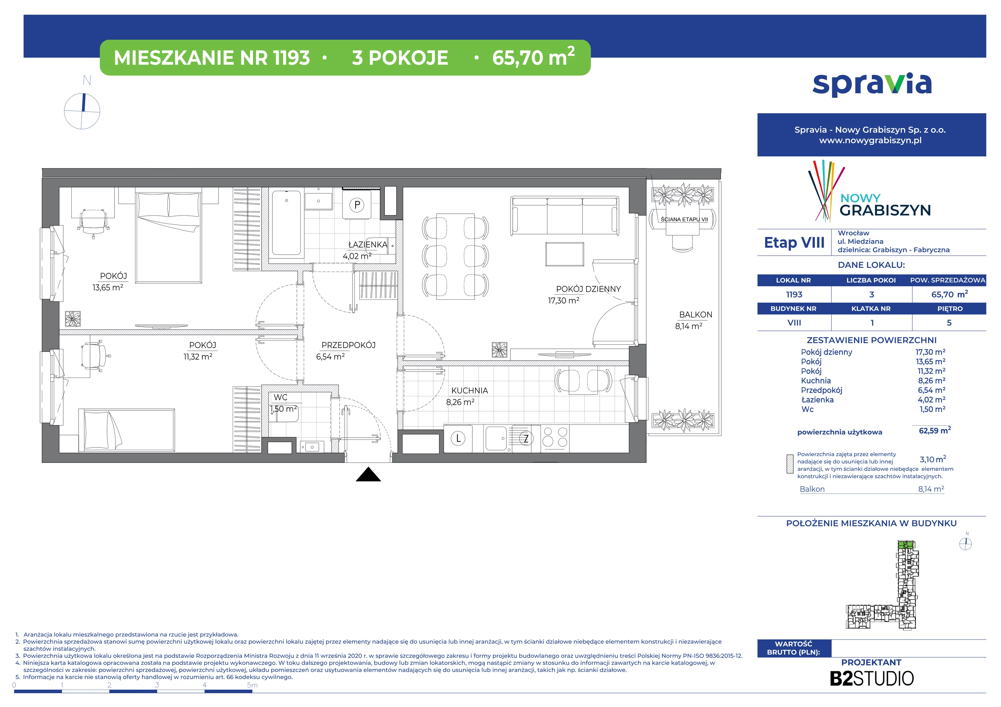 3 pokoje, mieszkanie 65,70 m², piętro 5, oferta nr 1193, Nowy Grabiszyn 8, Wrocław, Grabiszyn-Grabiszynek, Fabryczna, ul. Miedziana