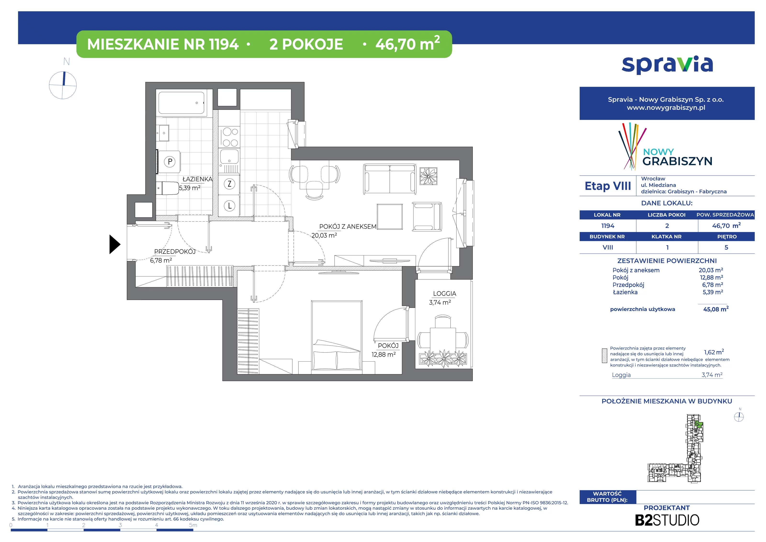 Mieszkanie 46,70 m², piętro 5, oferta nr 1194, Nowy Grabiszyn 8, Wrocław, Grabiszyn-Grabiszynek, Fabryczna, ul. Miedziana