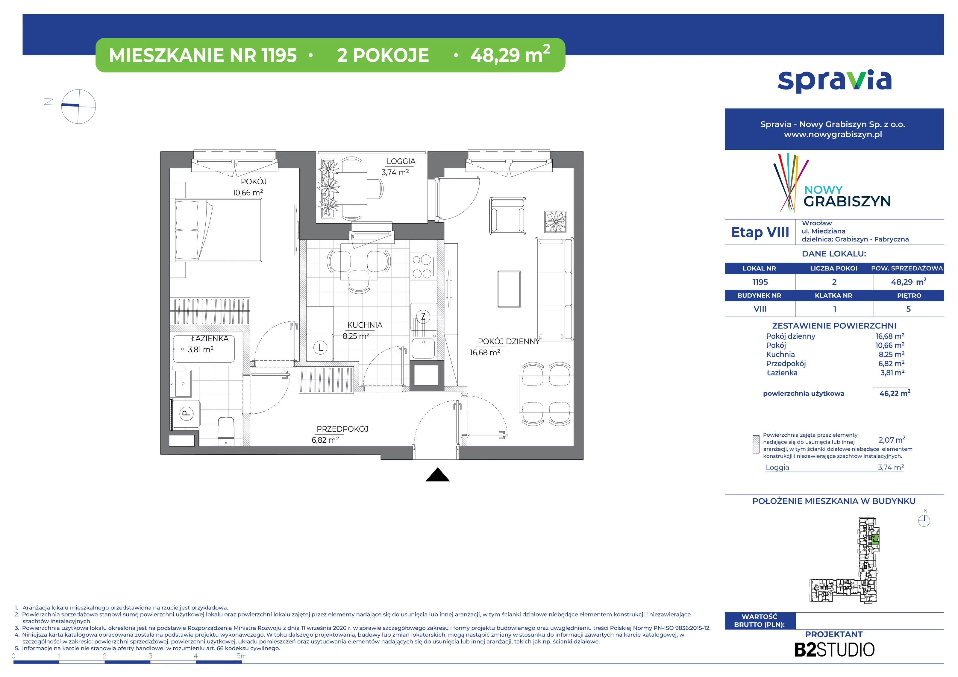 2 pokoje, mieszkanie 48,29 m², piętro 5, oferta nr 1195, Nowy Grabiszyn 8, Wrocław, Grabiszyn-Grabiszynek, Fabryczna, ul. Miedziana