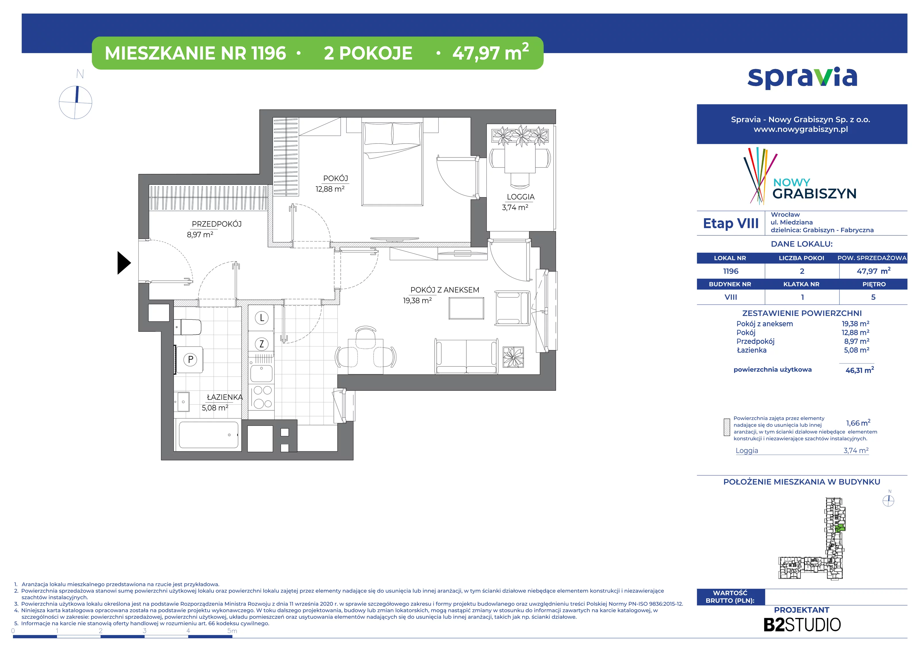 2 pokoje, mieszkanie 47,97 m², piętro 5, oferta nr 1196, Nowy Grabiszyn 8, Wrocław, Grabiszyn-Grabiszynek, Fabryczna, ul. Miedziana