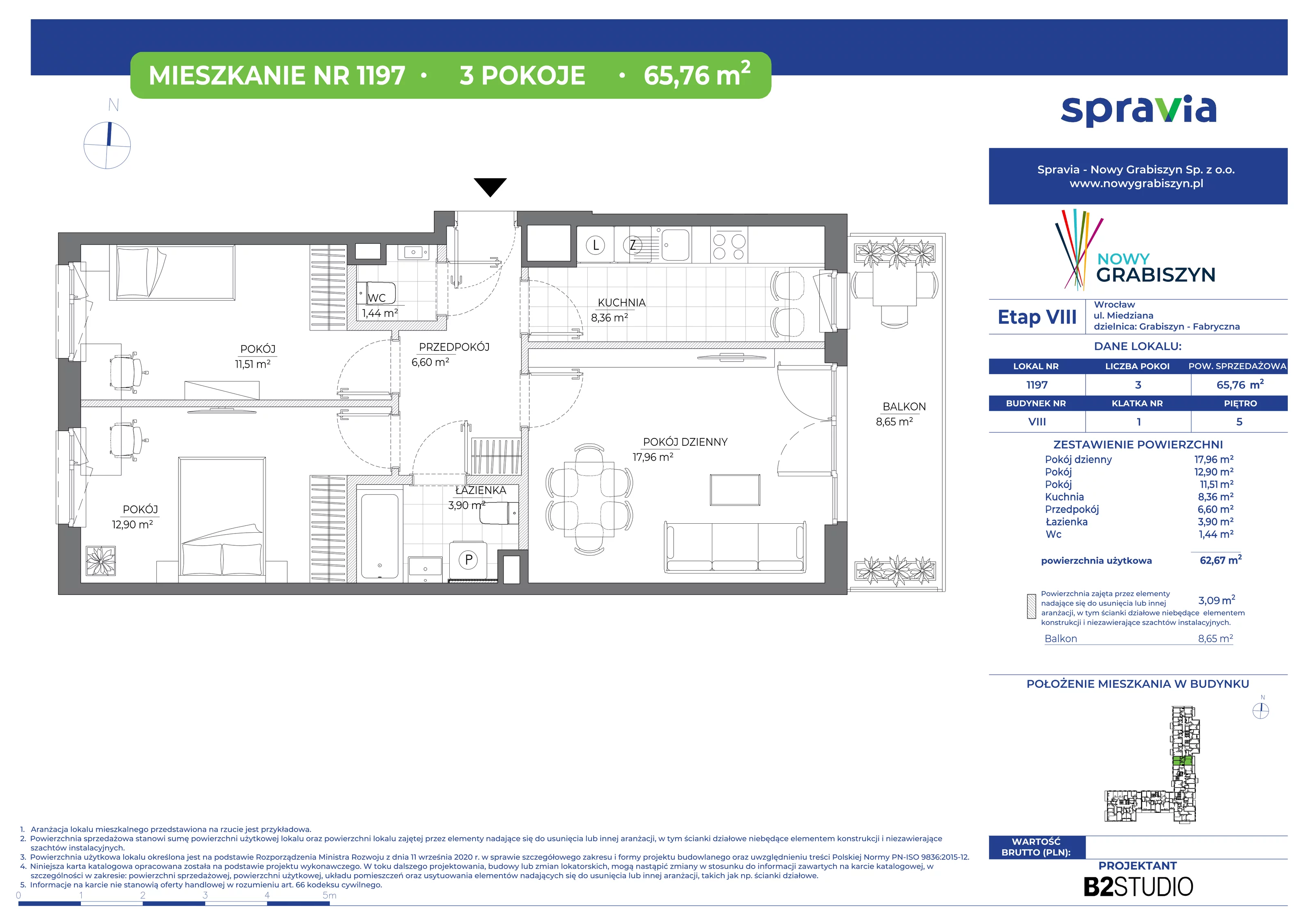 3 pokoje, mieszkanie 65,76 m², piętro 5, oferta nr 1197, Nowy Grabiszyn 8, Wrocław, Grabiszyn-Grabiszynek, Fabryczna, ul. Miedziana