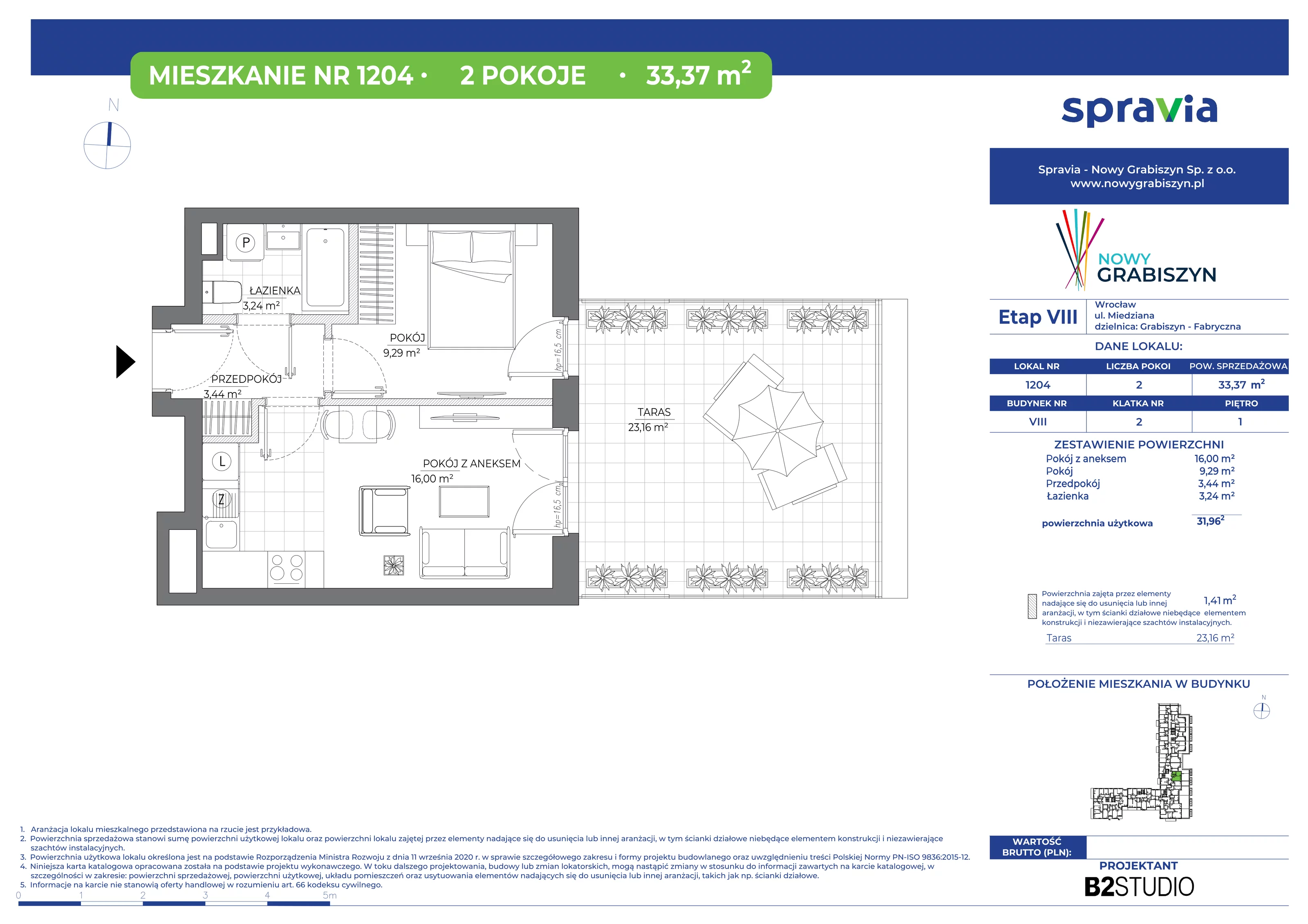 Mieszkanie 33,37 m², piętro 1, oferta nr 1204, Nowy Grabiszyn 8, Wrocław, Grabiszyn-Grabiszynek, Fabryczna, ul. Miedziana