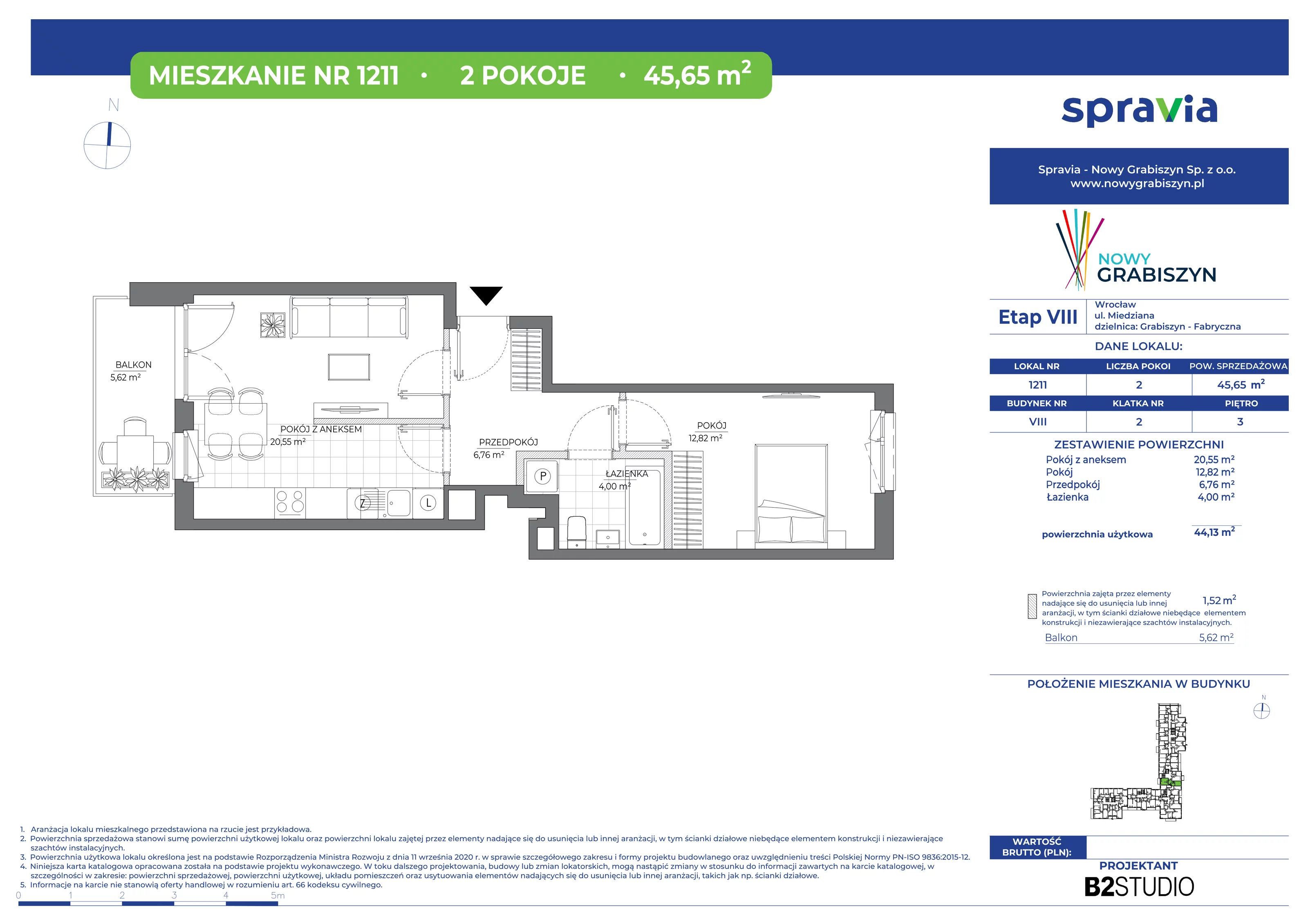 2 pokoje, mieszkanie 45,65 m², piętro 3, oferta nr 1211, Nowy Grabiszyn 8, Wrocław, Grabiszyn-Grabiszynek, Fabryczna, ul. Miedziana