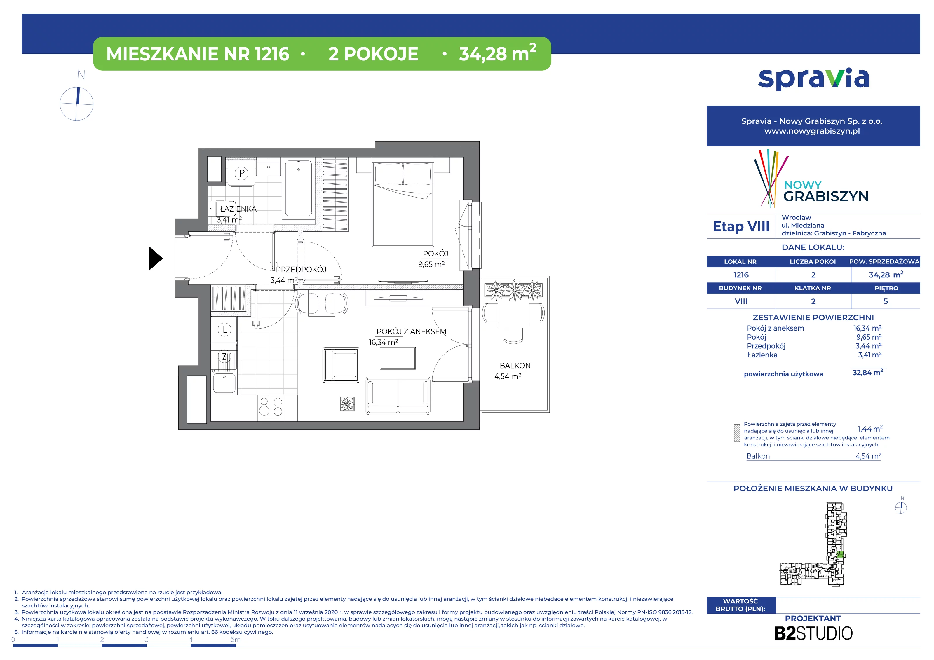 2 pokoje, mieszkanie 34,28 m², piętro 5, oferta nr 1216, Nowy Grabiszyn 8, Wrocław, Grabiszyn-Grabiszynek, Fabryczna, ul. Miedziana