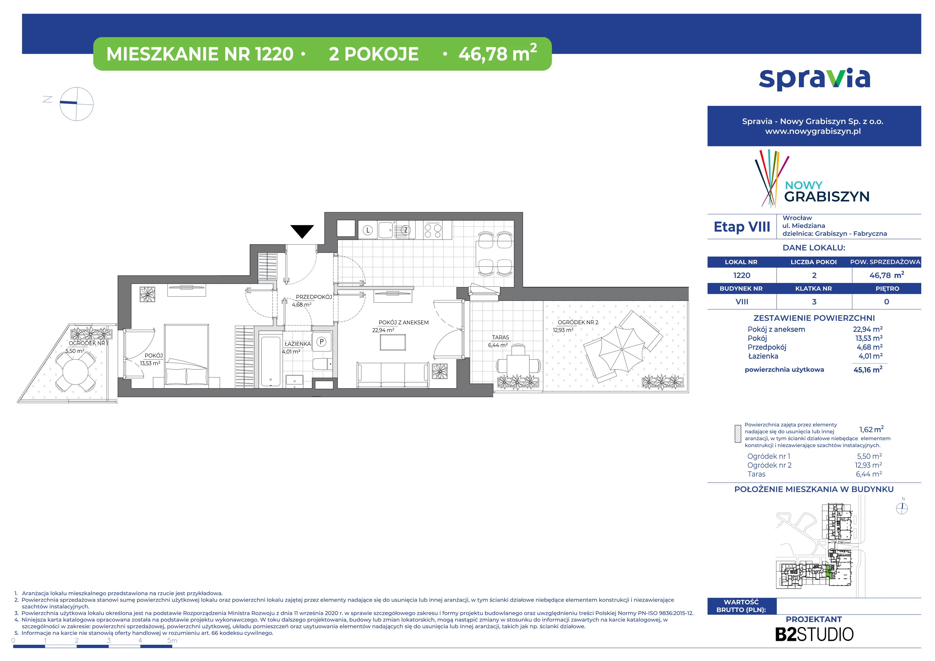 Mieszkanie 46,78 m², parter, oferta nr 1220, Nowy Grabiszyn 8, Wrocław, Grabiszyn-Grabiszynek, Fabryczna, ul. Miedziana