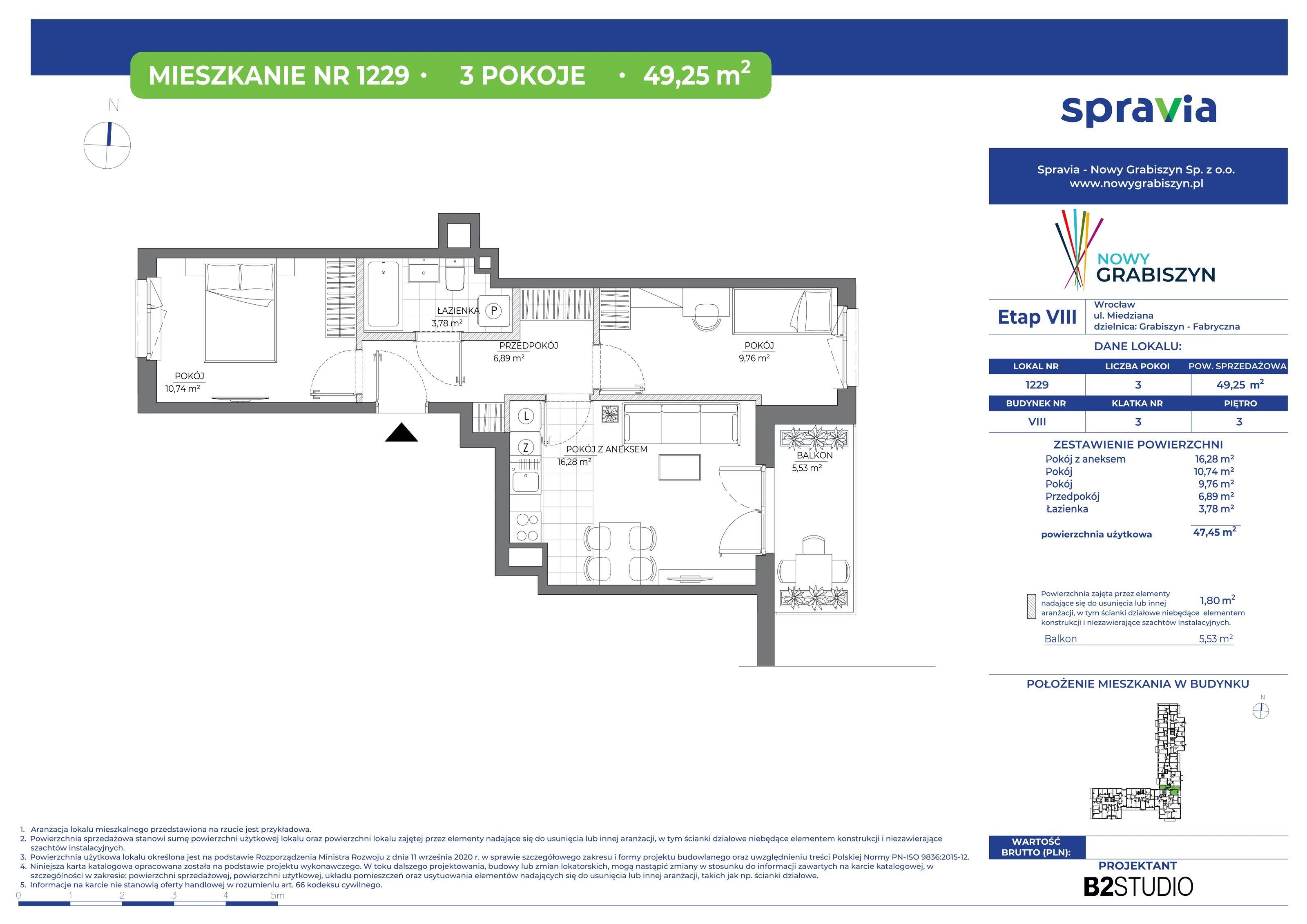 Mieszkanie 49,25 m², piętro 3, oferta nr 1229, Nowy Grabiszyn 8, Wrocław, Grabiszyn-Grabiszynek, Fabryczna, ul. Miedziana