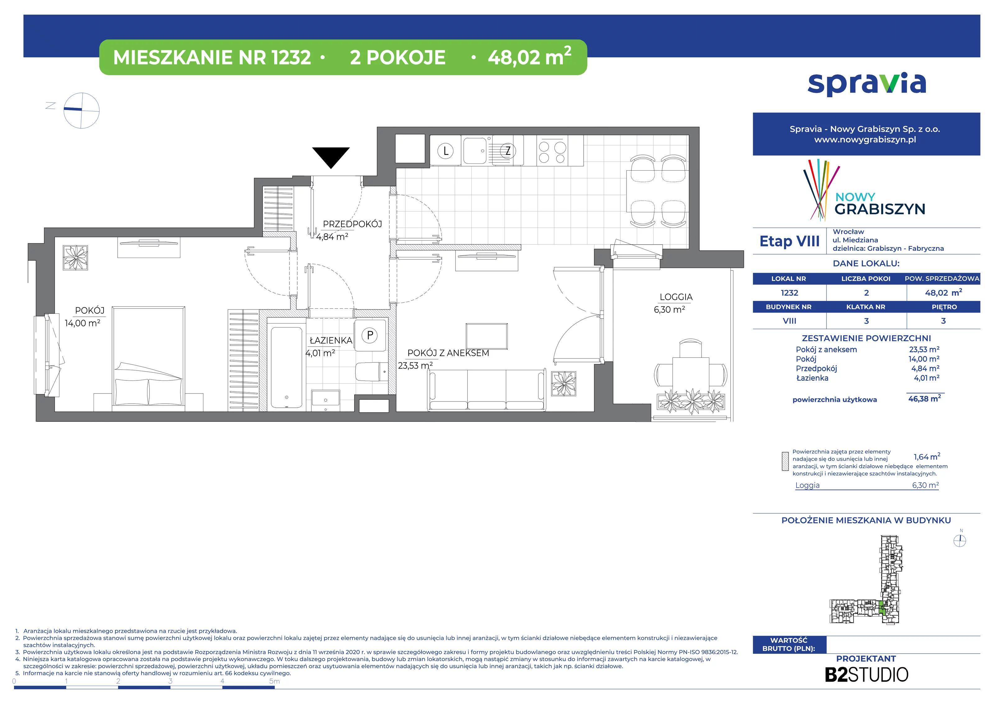 2 pokoje, mieszkanie 48,02 m², piętro 3, oferta nr 1232, Nowy Grabiszyn 8, Wrocław, Grabiszyn-Grabiszynek, Fabryczna, ul. Miedziana
