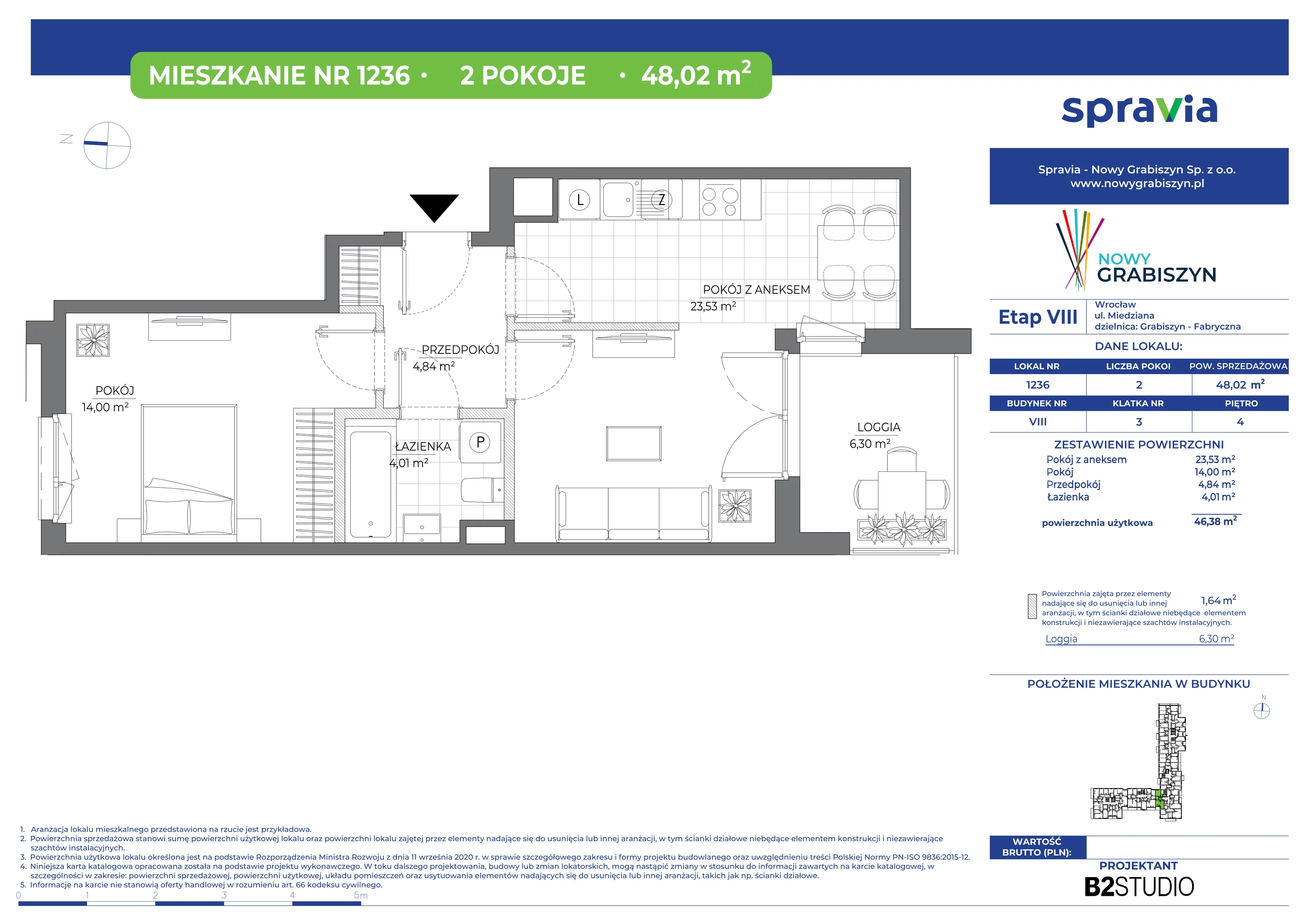 Mieszkanie 48,02 m², piętro 4, oferta nr 1236, Nowy Grabiszyn 8, Wrocław, Grabiszyn-Grabiszynek, Fabryczna, ul. Miedziana