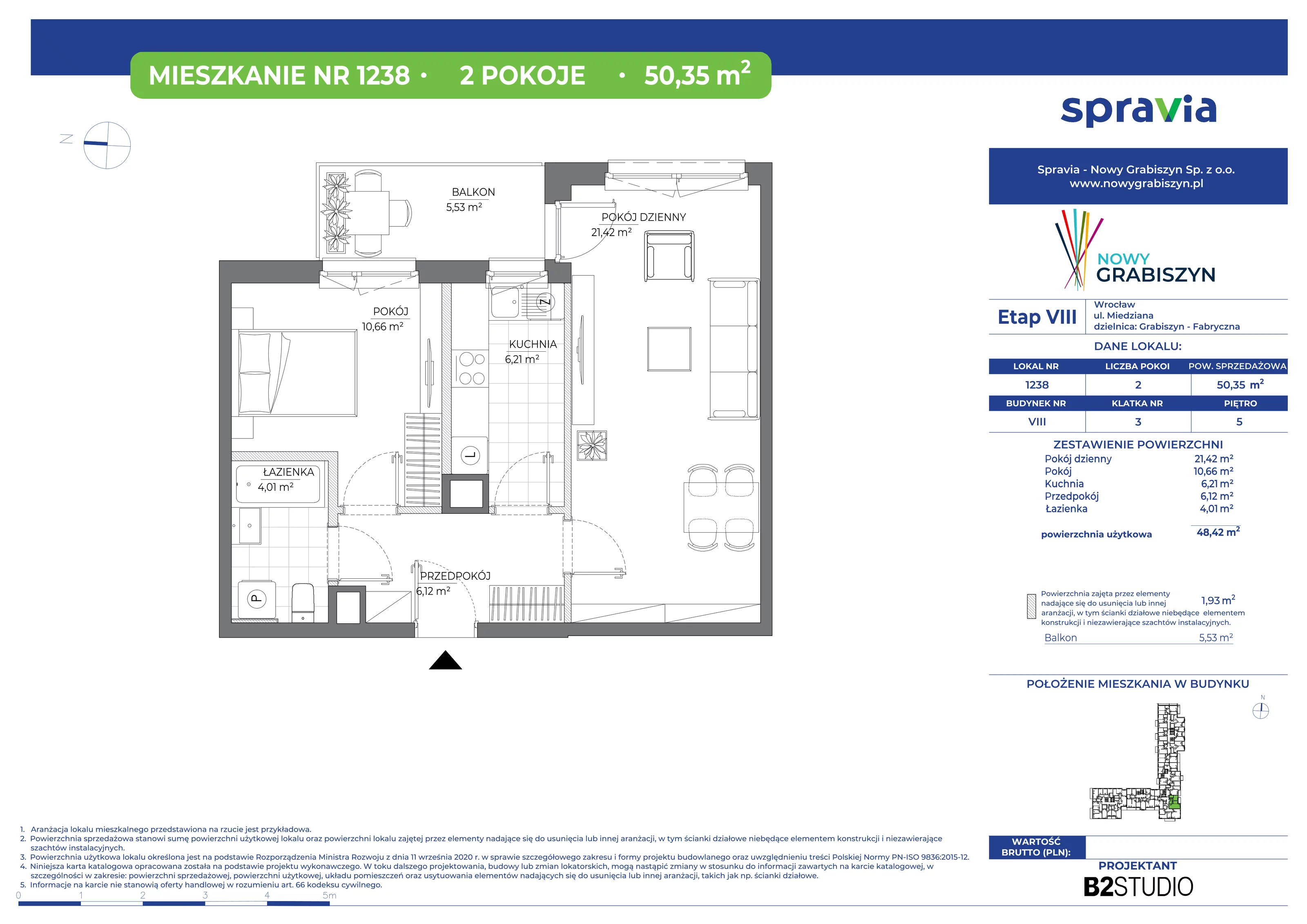 2 pokoje, mieszkanie 50,35 m², piętro 5, oferta nr 1238, Nowy Grabiszyn 8, Wrocław, Grabiszyn-Grabiszynek, Fabryczna, ul. Miedziana