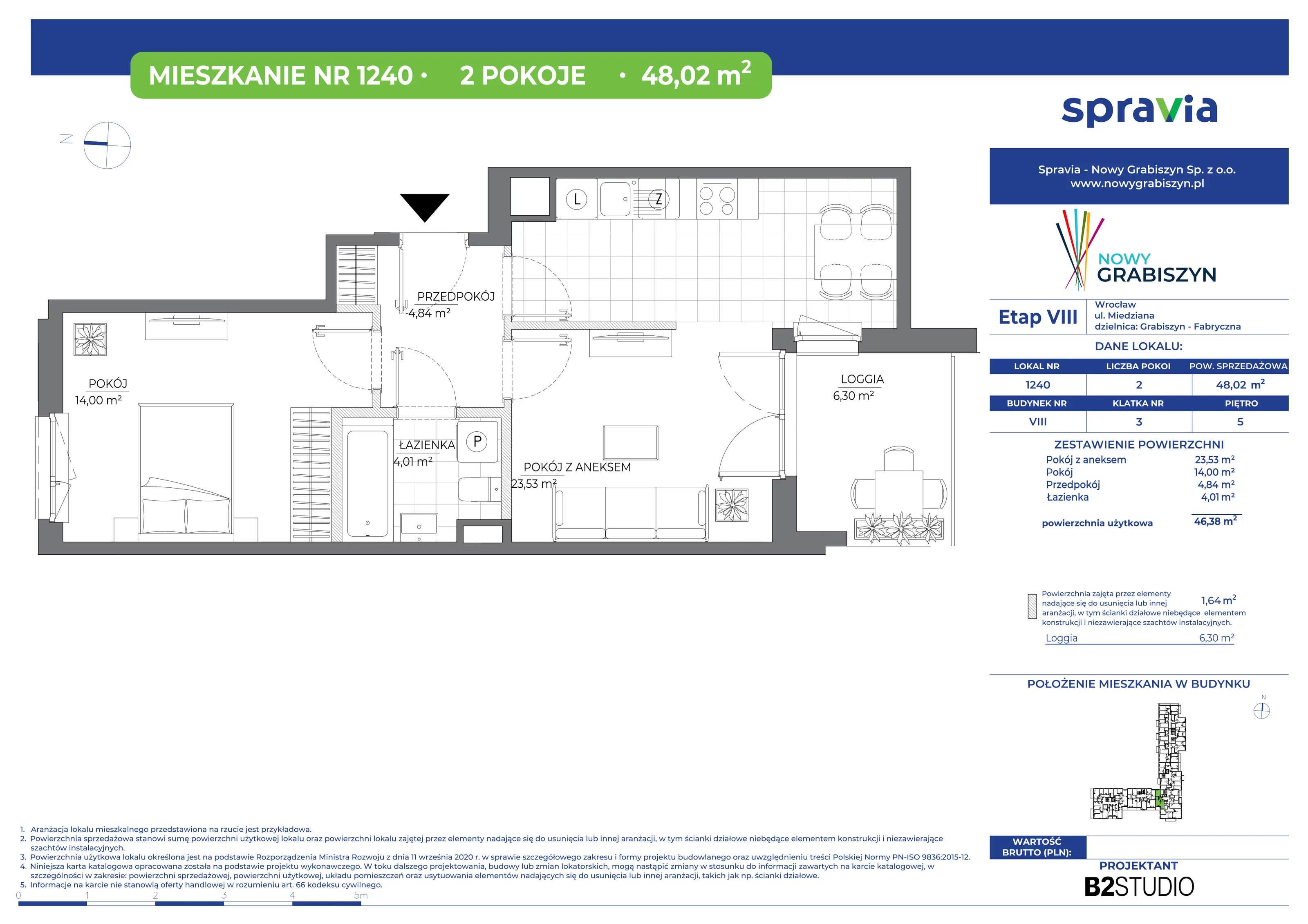 2 pokoje, mieszkanie 48,02 m², piętro 5, oferta nr 1240, Nowy Grabiszyn 8, Wrocław, Grabiszyn-Grabiszynek, Fabryczna, ul. Miedziana