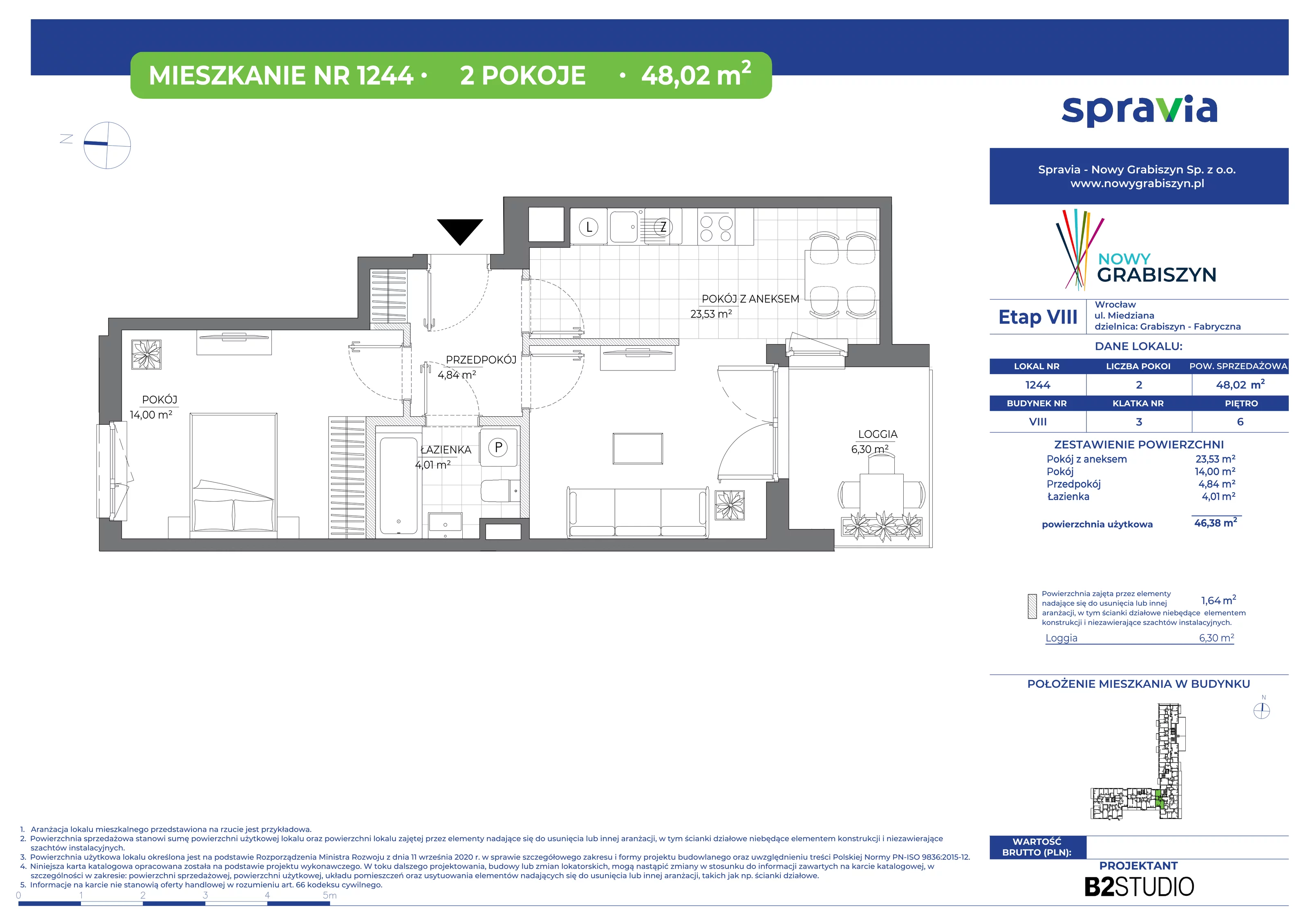 2 pokoje, mieszkanie 48,02 m², piętro 6, oferta nr 1244, Nowy Grabiszyn 8, Wrocław, Grabiszyn-Grabiszynek, Fabryczna, ul. Miedziana