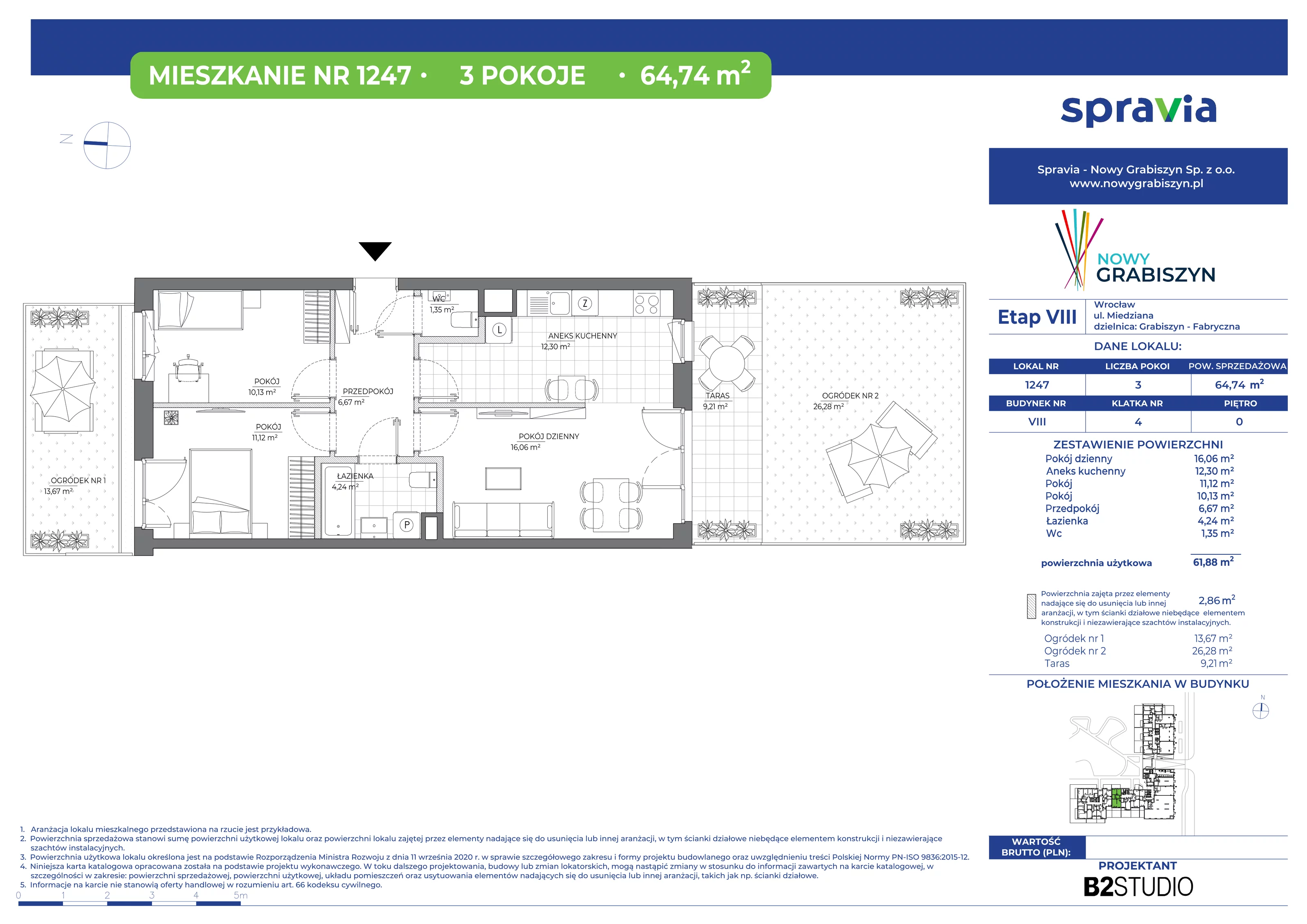 Mieszkanie 64,74 m², parter, oferta nr 1247, Nowy Grabiszyn 8, Wrocław, Grabiszyn-Grabiszynek, Fabryczna, ul. Miedziana