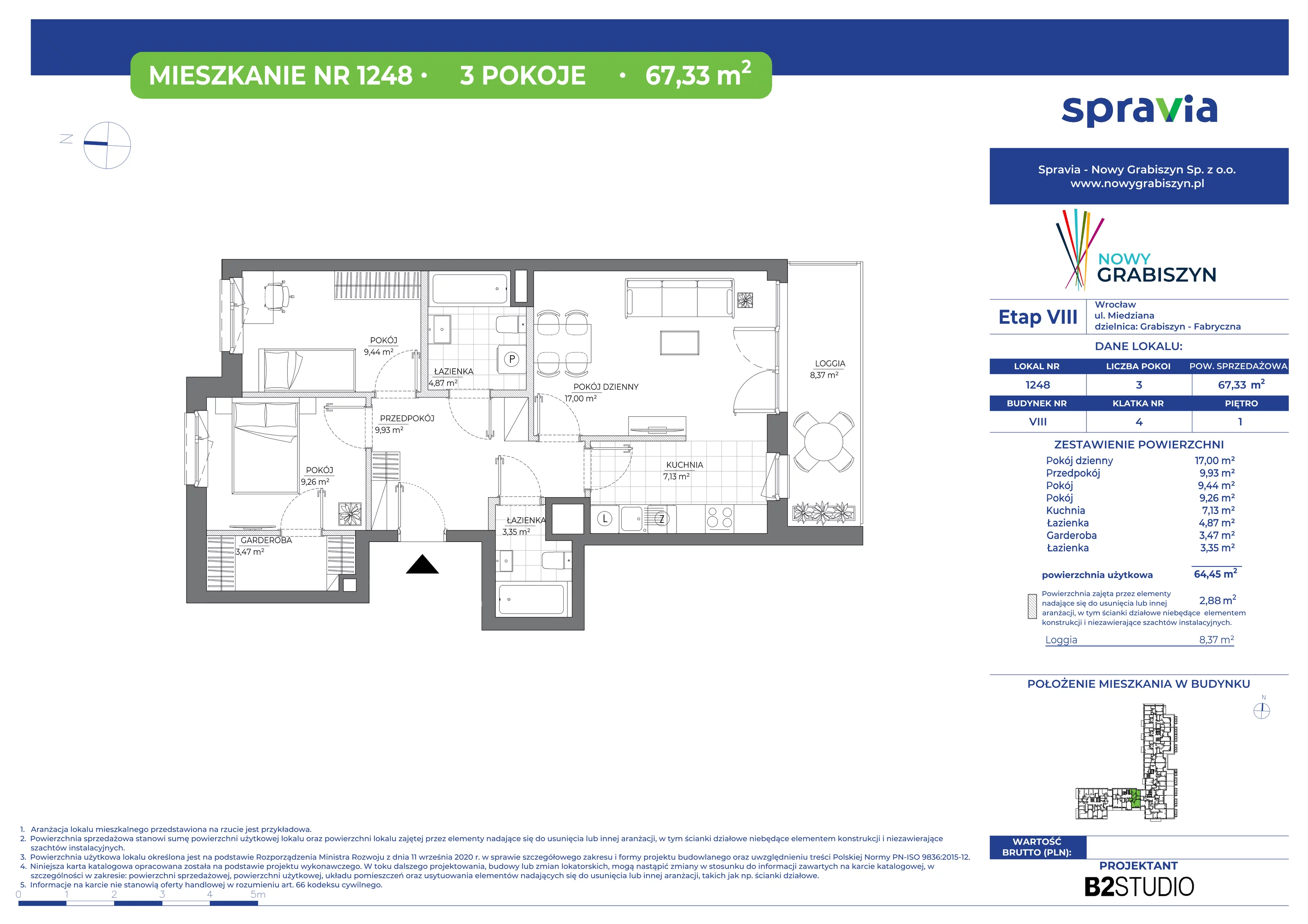 3 pokoje, mieszkanie 67,33 m², piętro 1, oferta nr 1248, Nowy Grabiszyn 8, Wrocław, Grabiszyn-Grabiszynek, Fabryczna, ul. Miedziana