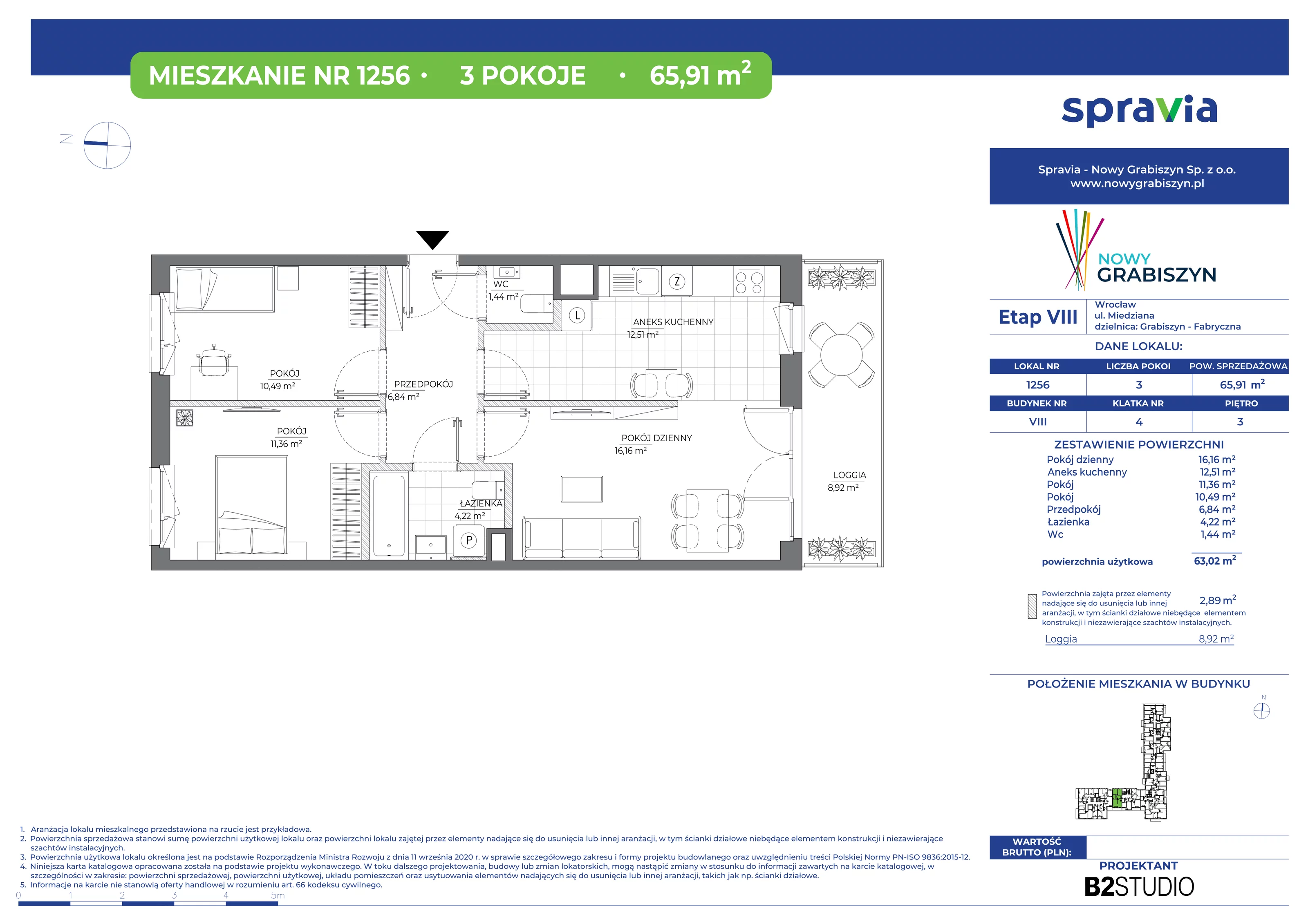 3 pokoje, mieszkanie 65,91 m², piętro 3, oferta nr 1256, Nowy Grabiszyn 8, Wrocław, Grabiszyn-Grabiszynek, Fabryczna, ul. Miedziana