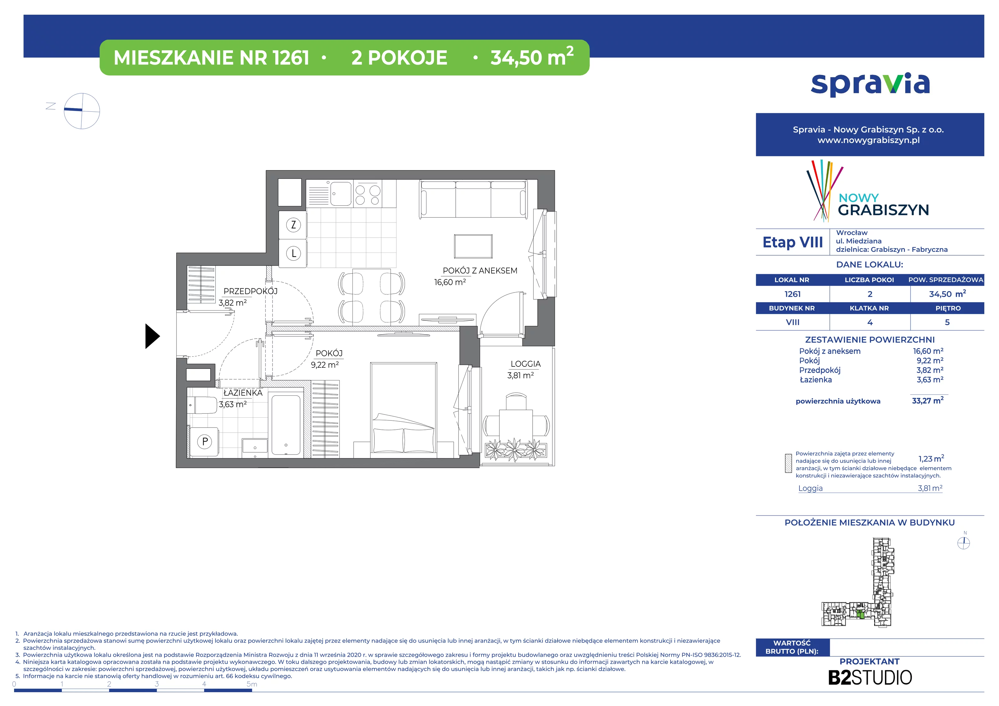 2 pokoje, mieszkanie 34,50 m², piętro 5, oferta nr 1261, Nowy Grabiszyn 8, Wrocław, Grabiszyn-Grabiszynek, Fabryczna, ul. Miedziana
