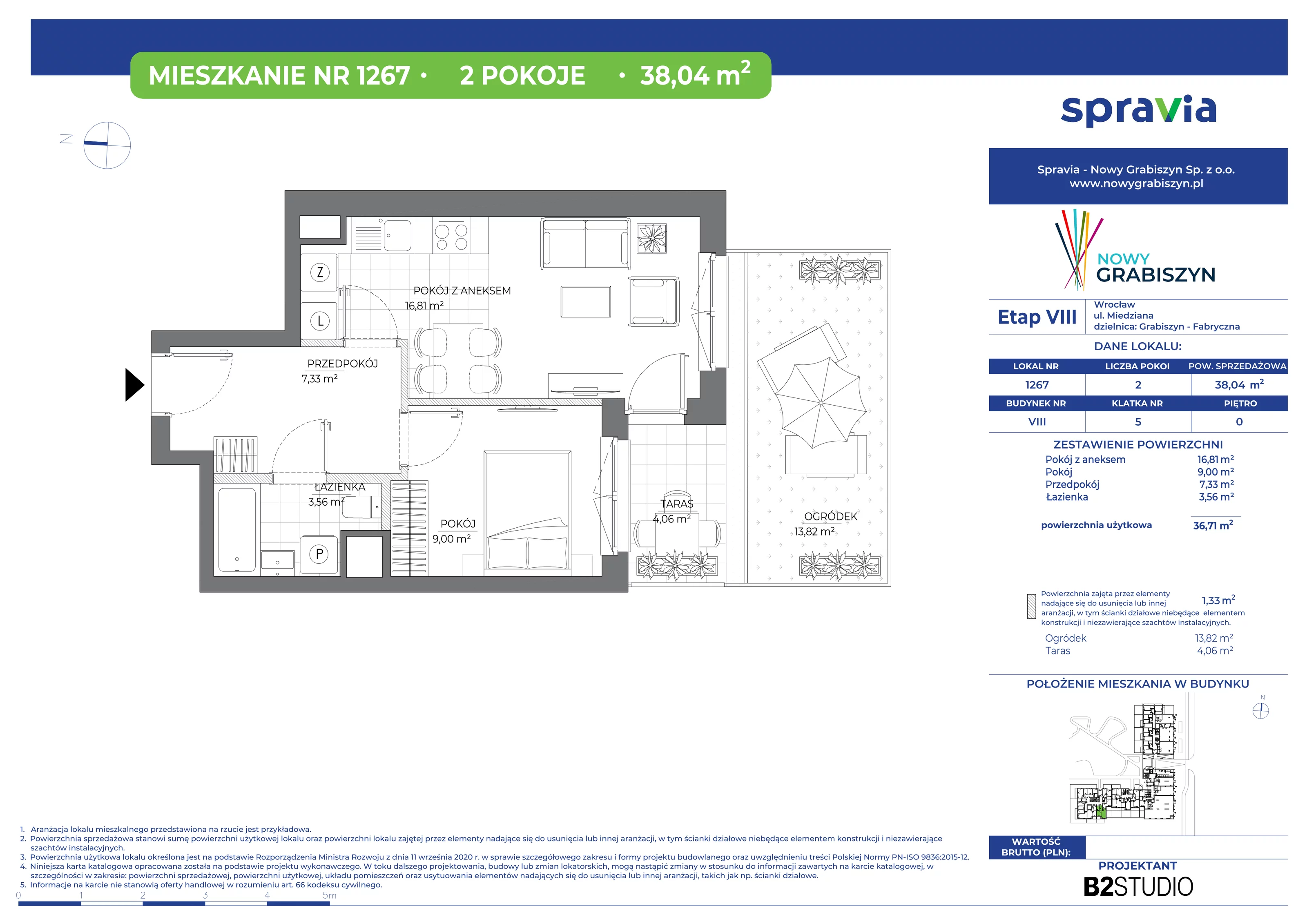 Mieszkanie 38,04 m², parter, oferta nr 1267, Nowy Grabiszyn 8, Wrocław, Grabiszyn-Grabiszynek, Fabryczna, ul. Miedziana