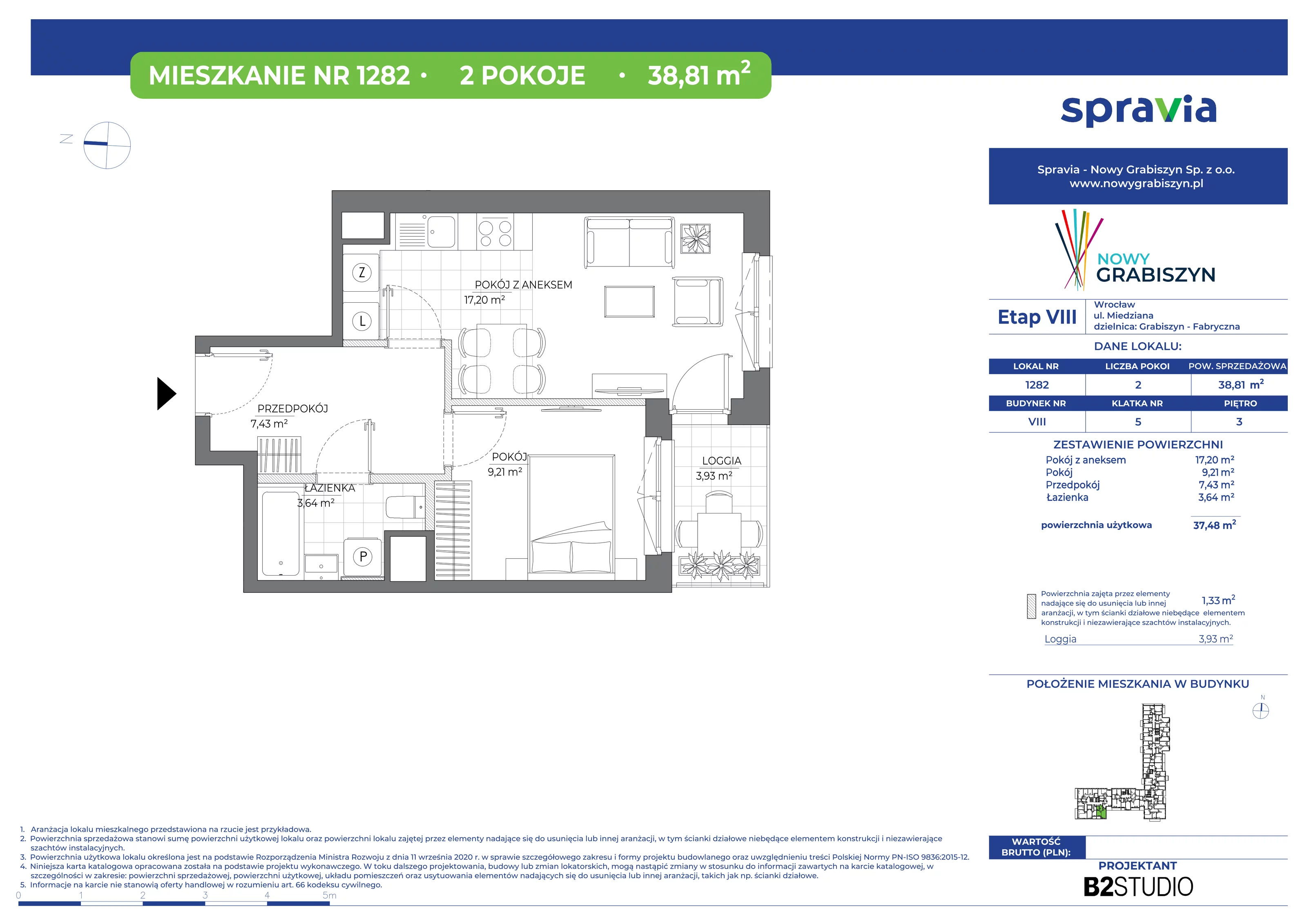 Mieszkanie 38,81 m², piętro 3, oferta nr 1282, Nowy Grabiszyn 8, Wrocław, Grabiszyn-Grabiszynek, Fabryczna, ul. Miedziana