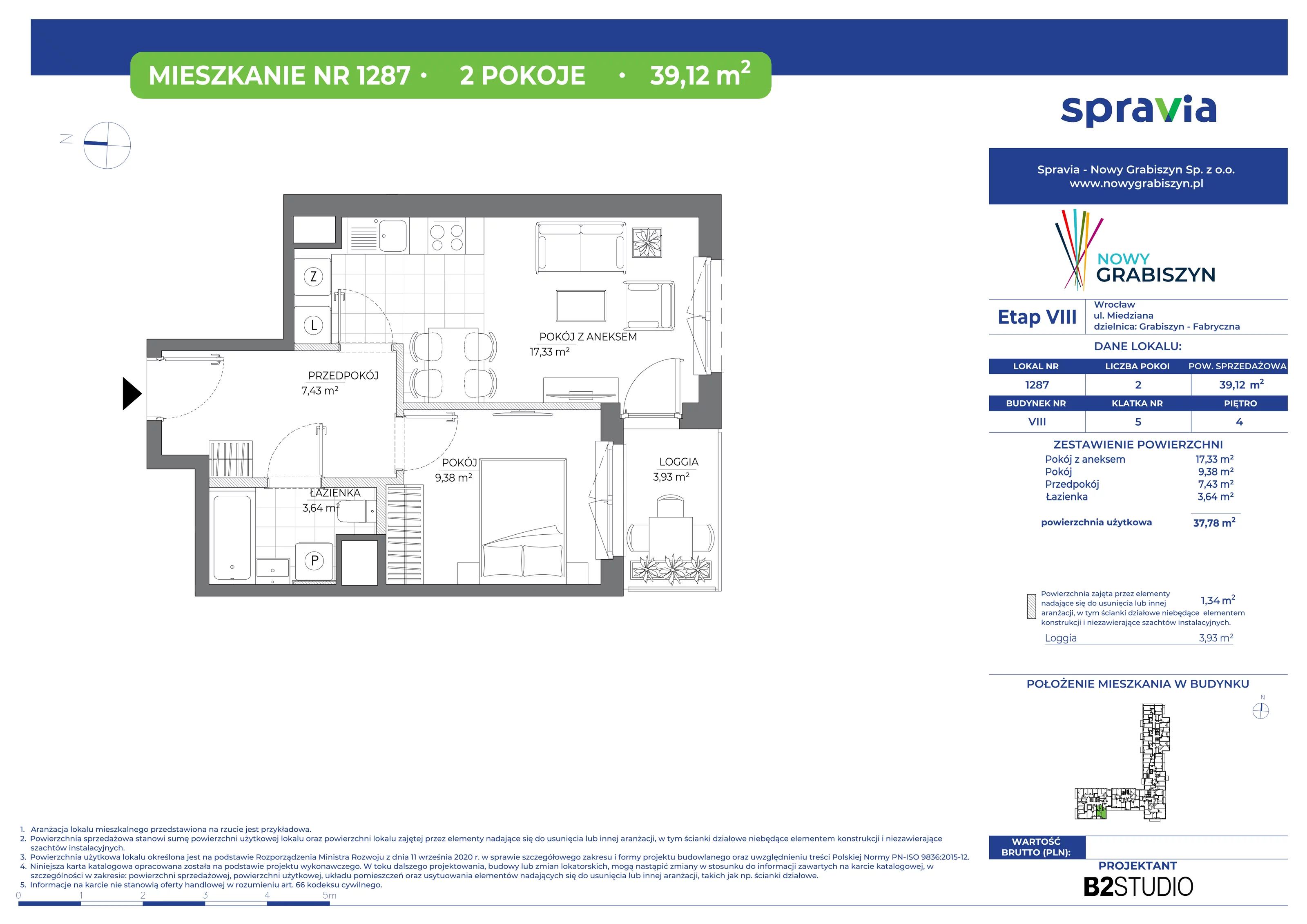 2 pokoje, mieszkanie 39,12 m², piętro 4, oferta nr 1287, Nowy Grabiszyn 8, Wrocław, Grabiszyn-Grabiszynek, Fabryczna, ul. Miedziana
